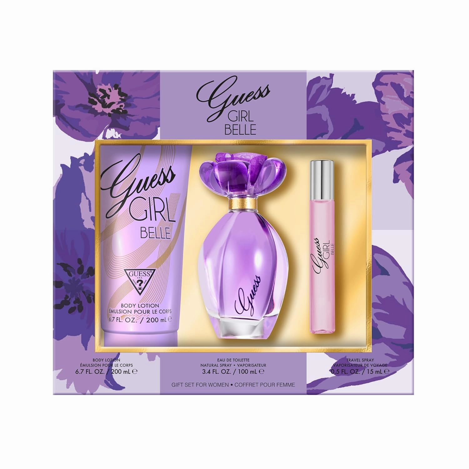 GUESS Girl Belle Eau de Toilette 3 Piece Gift Set - Perfume Spray 3.4 Fl. Oz., Travel Spray 0.5 Fl. Oz., & Body Lotion 6.7 Fl. Oz