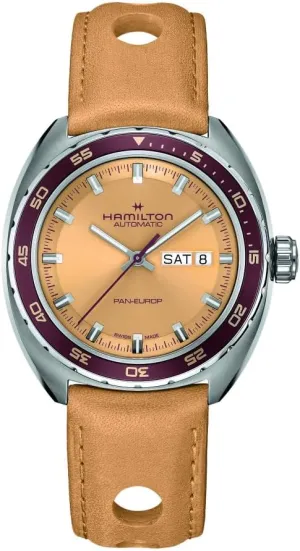 Hamilton Watch American Classic Pan Europ Day Date Auto | Swiss Made | 42mm Stainless Steel Case | Beige Dial Analog Watch | Beige Leather Strap (Model: H35435820)