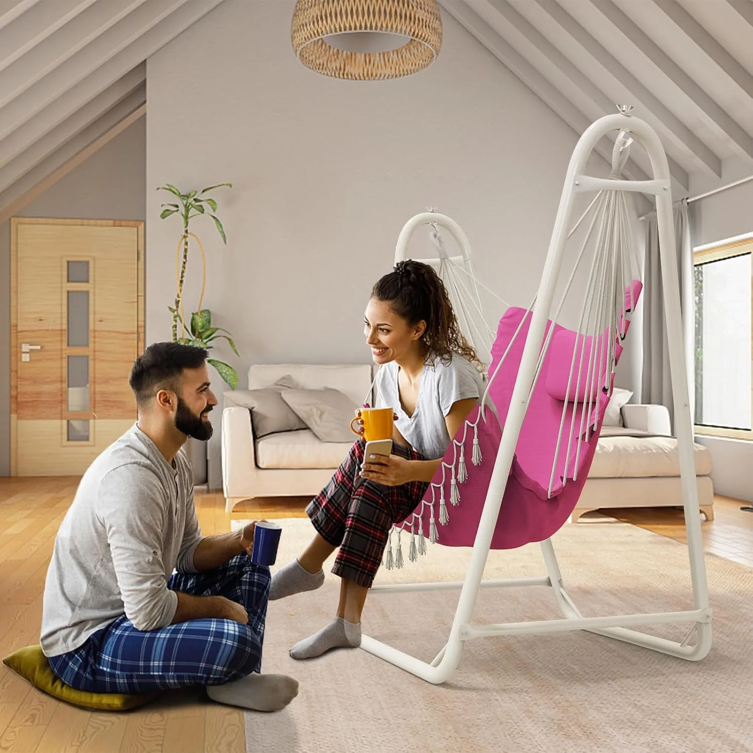 Hammock Chair with Stand,Heavy-Duty Hanging Chair with Stand, for Indoor Outdoor,Sturdy Swing Chair Stand Max Load 350 pounds(Hammock Chair Included) (Pink)
