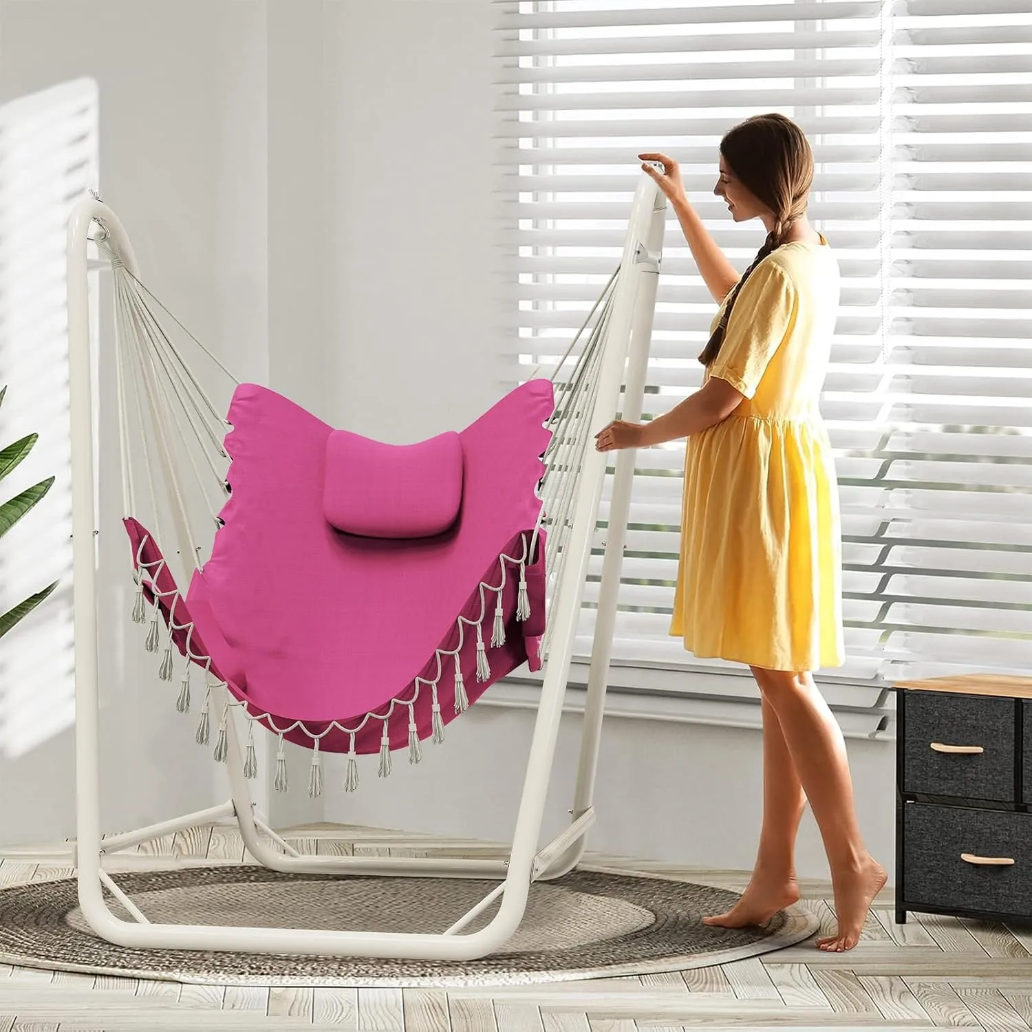 Hammock Chair with Stand,Heavy-Duty Hanging Chair with Stand, for Indoor Outdoor,Sturdy Swing Chair Stand Max Load 350 pounds(Hammock Chair Included) (Pink)