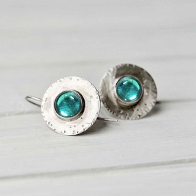 Handcrafted Silver Disc Earrings with Turquoise Gem-jlt11590