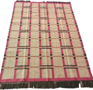 Handwoven Wool and Jute Area Rug, Traditional Kilim Dhurrie Pattern, Beige and Pink with Fringe (5X7 FEET, Pattern - 1)