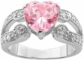 Heart Cut Pink Sapphire Solitaire Engagement Ring, 3Ct Lab Created Stone, 14K White Gold Plated Sterling Silver 925