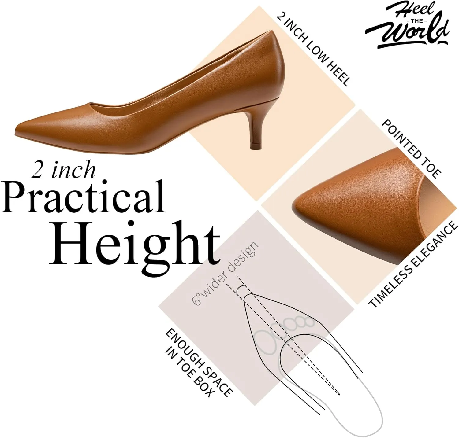 Heel The World Women's Pumps, Black Nude White Gold Brown Kitten Heels for Women 2 inch