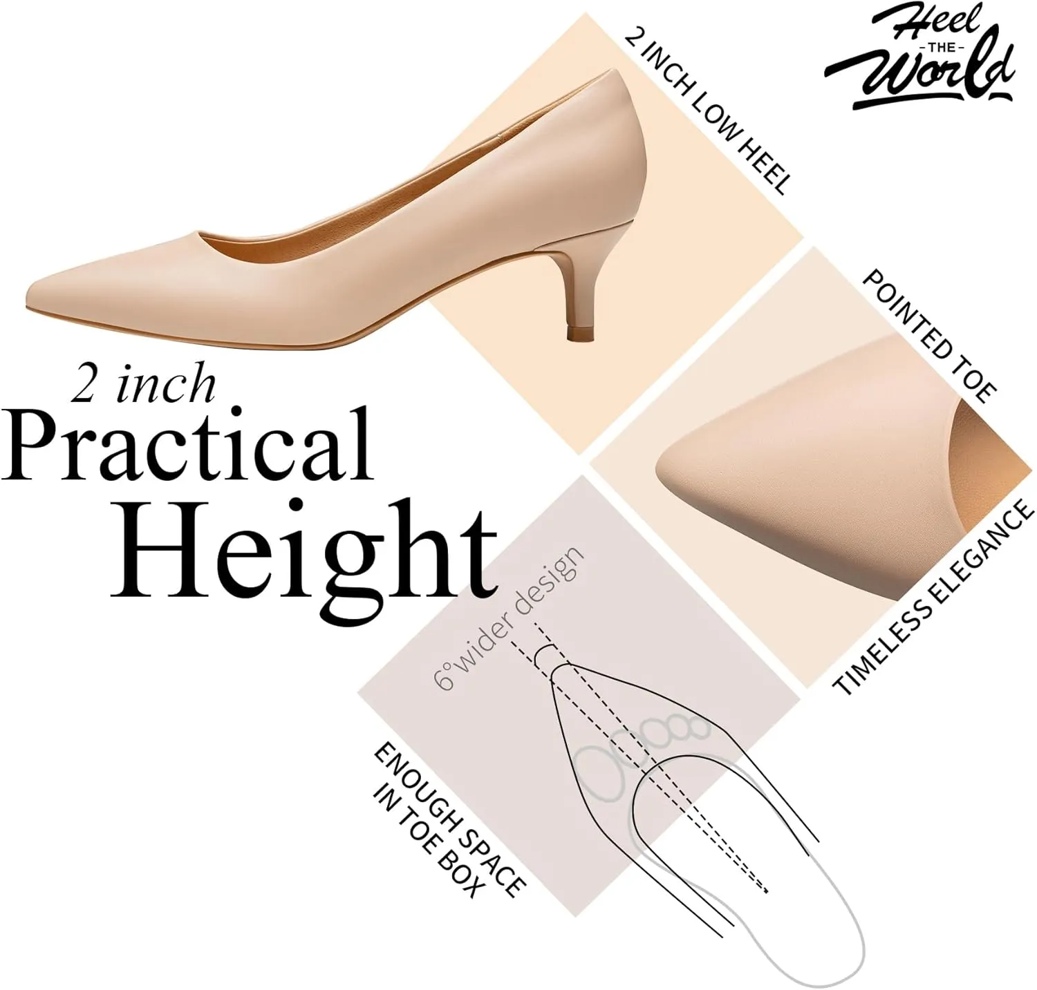 Heel The World Women's Pumps, Black Nude White Gold Brown Kitten Heels for Women 2 inch