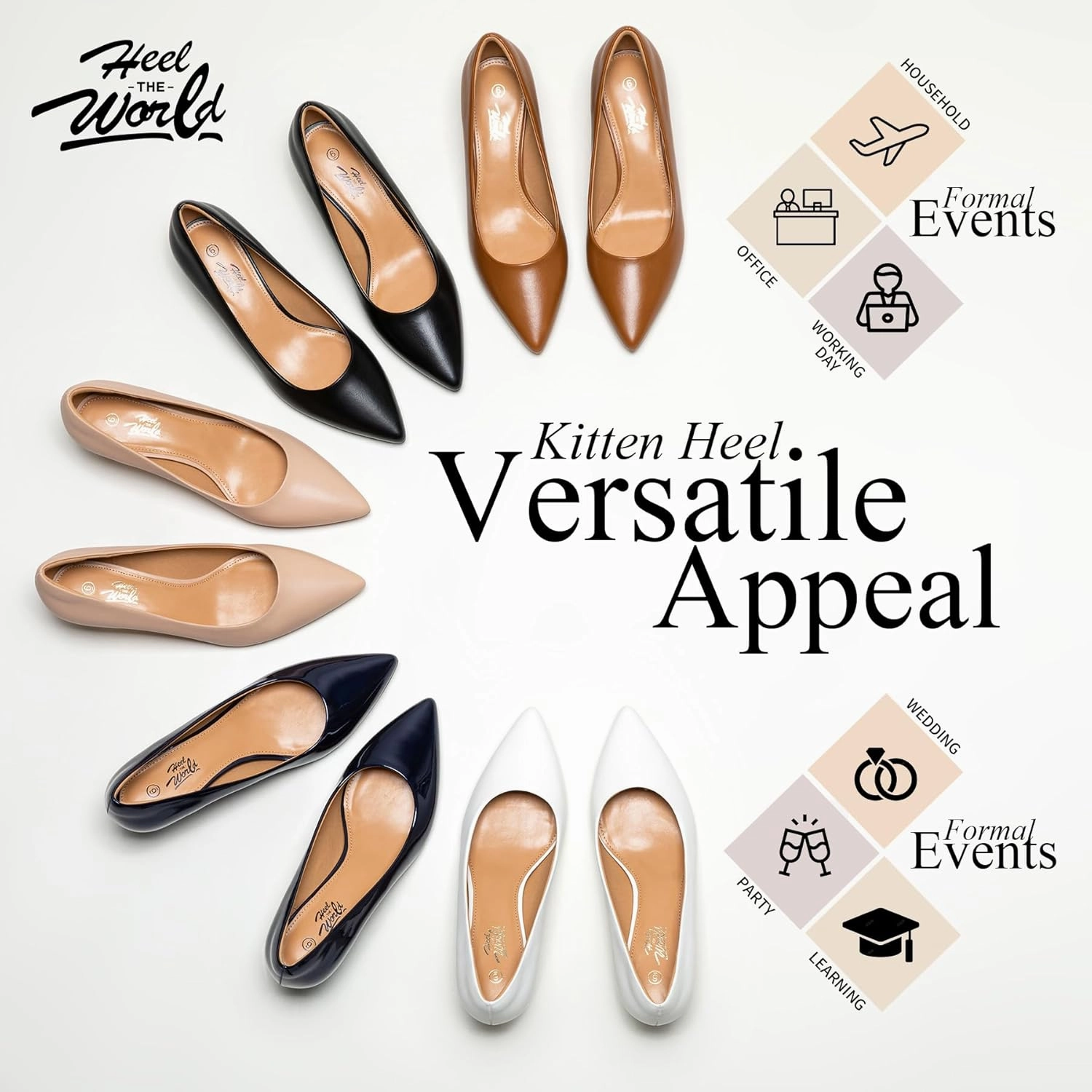 Heel The World Women's Pumps, Black Nude White Gold Brown Kitten Heels for Women 2 inch