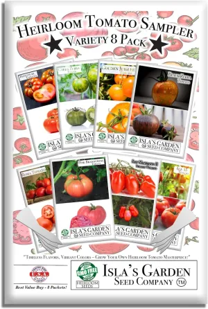 Heirloom Tomato Sampler 8-Pack – by Isla’s Garden Seeds, Includes Slicing, Roma, Beefsteak, and Specialty Tomatoes, Perfect for Growing Fresh, Juicy, and Flavorful Harvests at Home, Thoughtful Gift