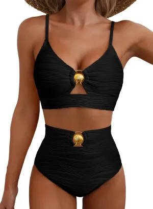 Herseas 2 Piece Bestselling Bikini Set Metal Ring Cutout Swimsuit High Waisted Textured 2025 Summer Beach Bathing Suits