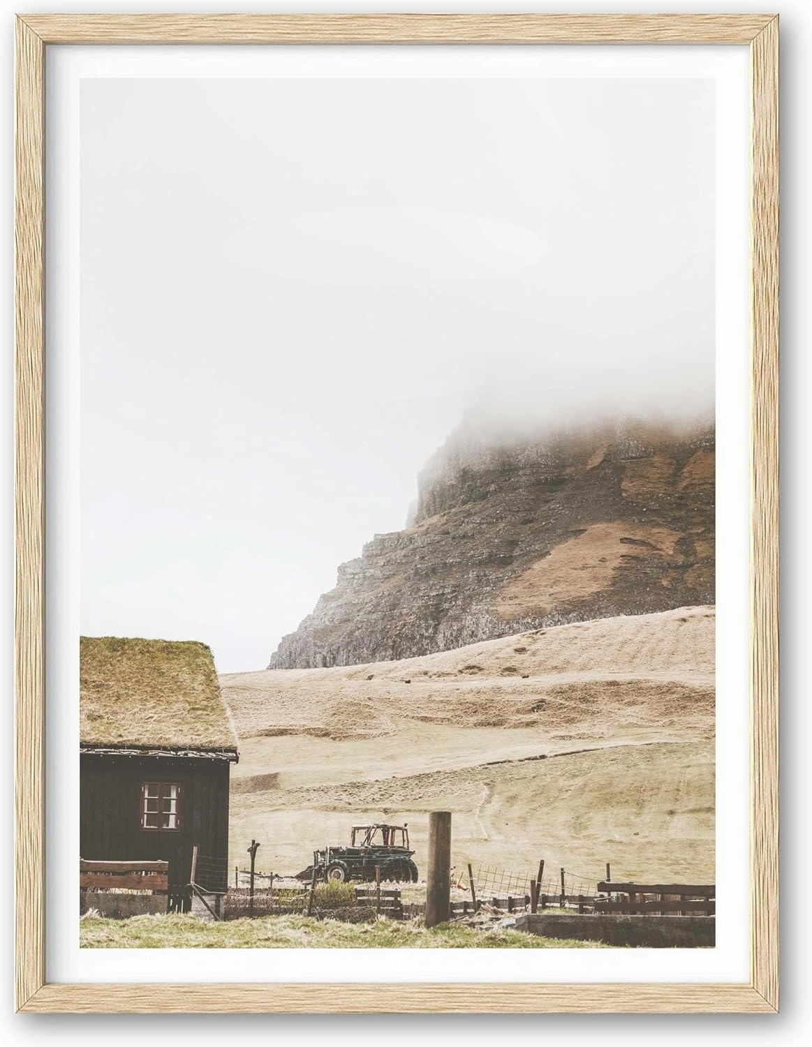 HesenDot Farmhouse Framed Wall Art,12x16in Natural OAK Wood Mountain Cabin Wall Decor,Rustic Morning Mist Canvas Print Poster,Living Room Bedroom Study Office Gallery Home Decoration,Set of 1
