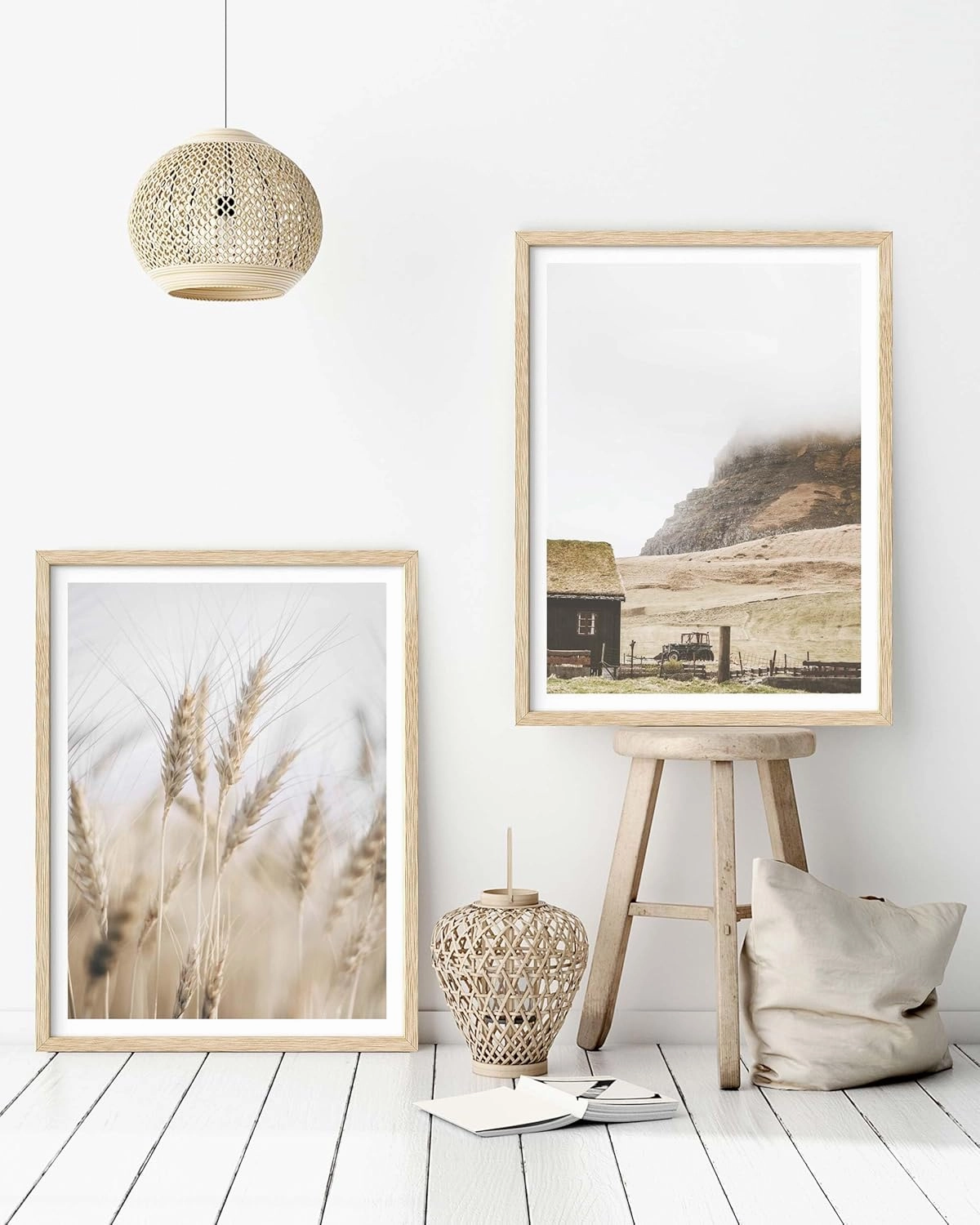 HesenDot Farmhouse Framed Wall Art,12x16in Natural OAK Wood Mountain Cabin Wall Decor,Rustic Morning Mist Canvas Print Poster,Living Room Bedroom Study Office Gallery Home Decoration,Set of 1