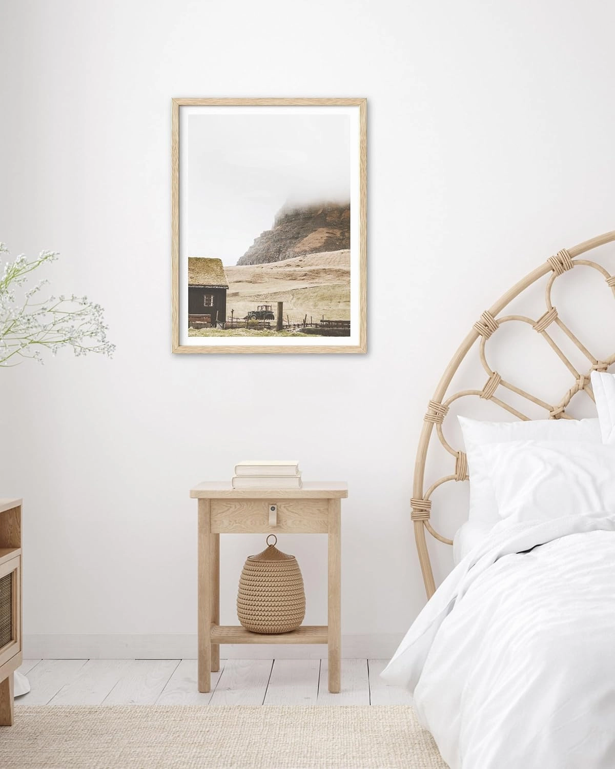 HesenDot Farmhouse Framed Wall Art,12x16in Natural OAK Wood Mountain Cabin Wall Decor,Rustic Morning Mist Canvas Print Poster,Living Room Bedroom Study Office Gallery Home Decoration,Set of 1
