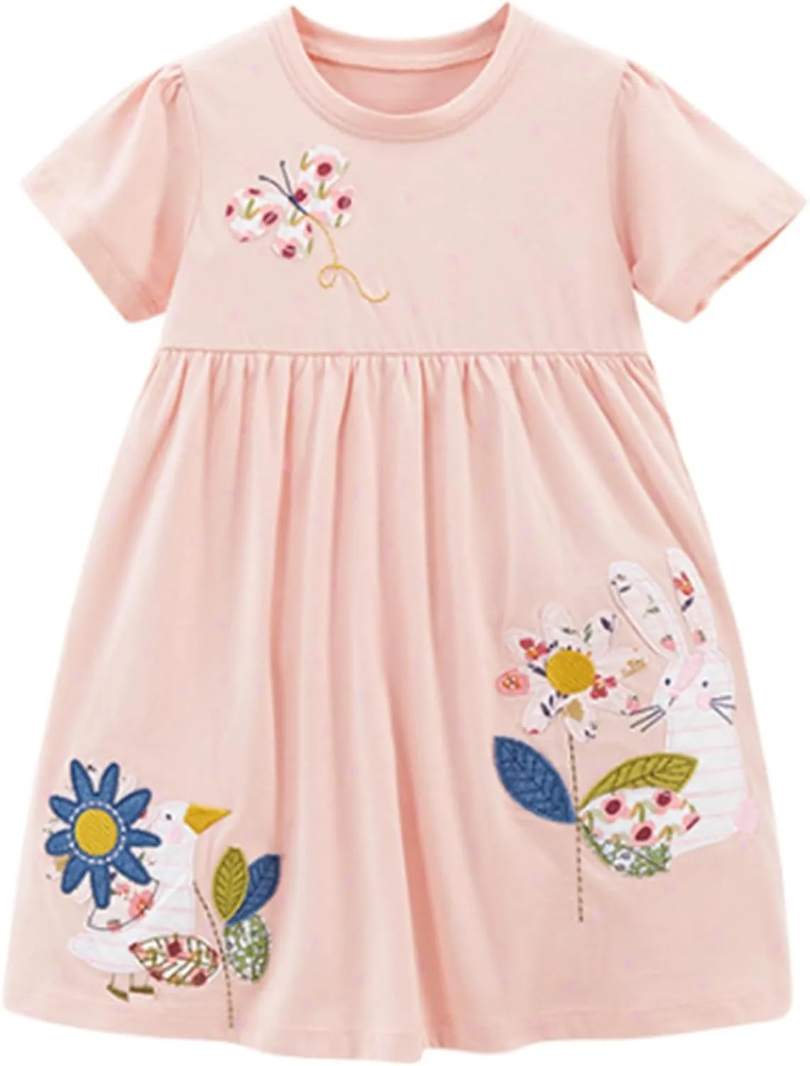 HILEELANG Toddler Girl Short Sleeve Dress Cotton Casual Spring Summer Easter Applique Playwear Dresse Size 2-8 Yeras