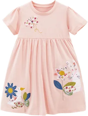 HILEELANG Toddler Girl Short Sleeve Dress Cotton Casual Spring Summer Easter Applique Playwear Dresse Size 2-8 Yeras