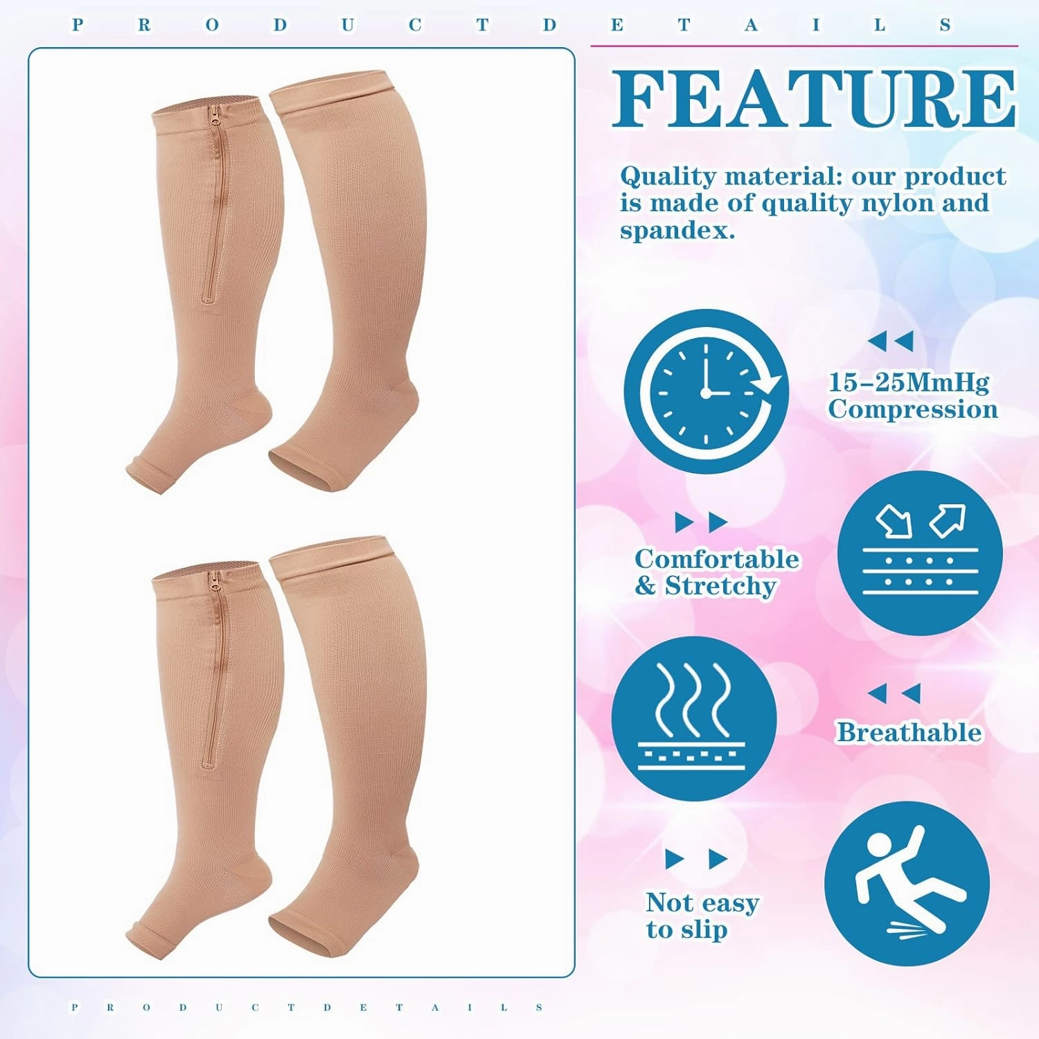 Hillban 2 Pair Plus Size Calf Zipper Compression Socks 15 to 25 Mmhg Open Toe Compression Stockings for Overweight Women Men