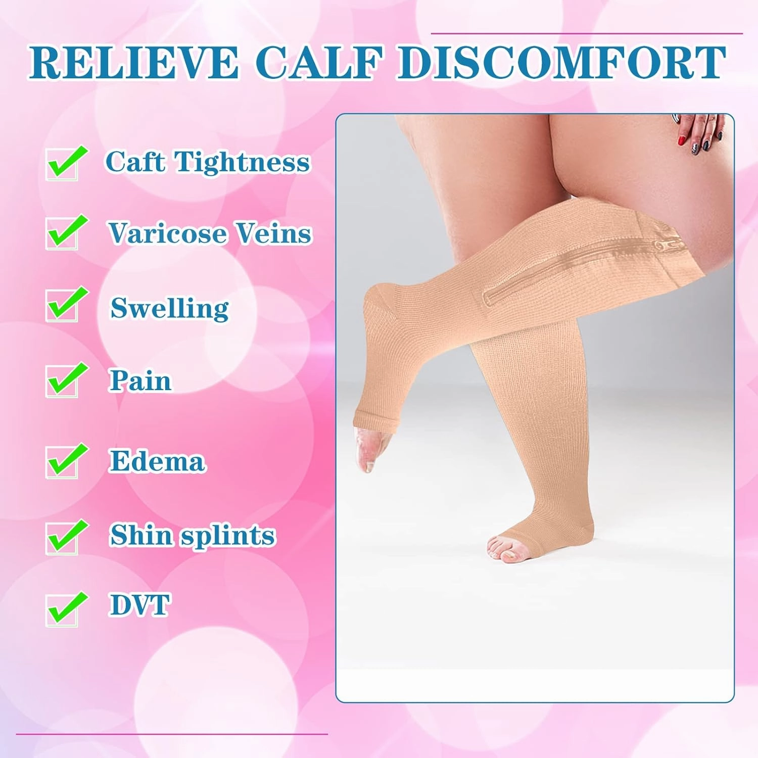 Hillban 2 Pair Plus Size Calf Zipper Compression Socks 15 to 25 Mmhg Open Toe Compression Stockings for Overweight Women Men