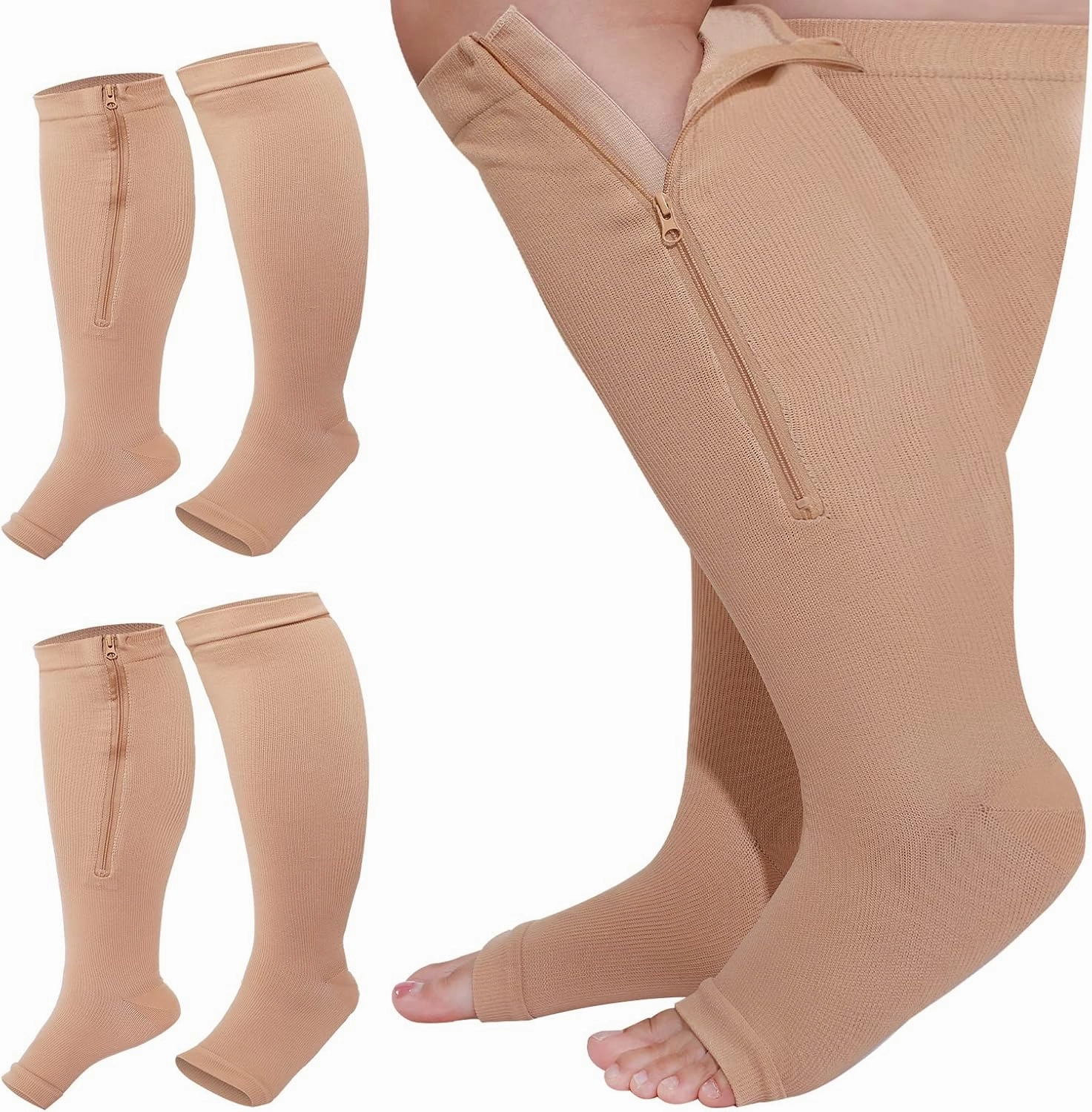 Hillban 2 Pair Plus Size Calf Zipper Compression Socks 15 to 25 Mmhg Open Toe Compression Stockings for Overweight Women Men