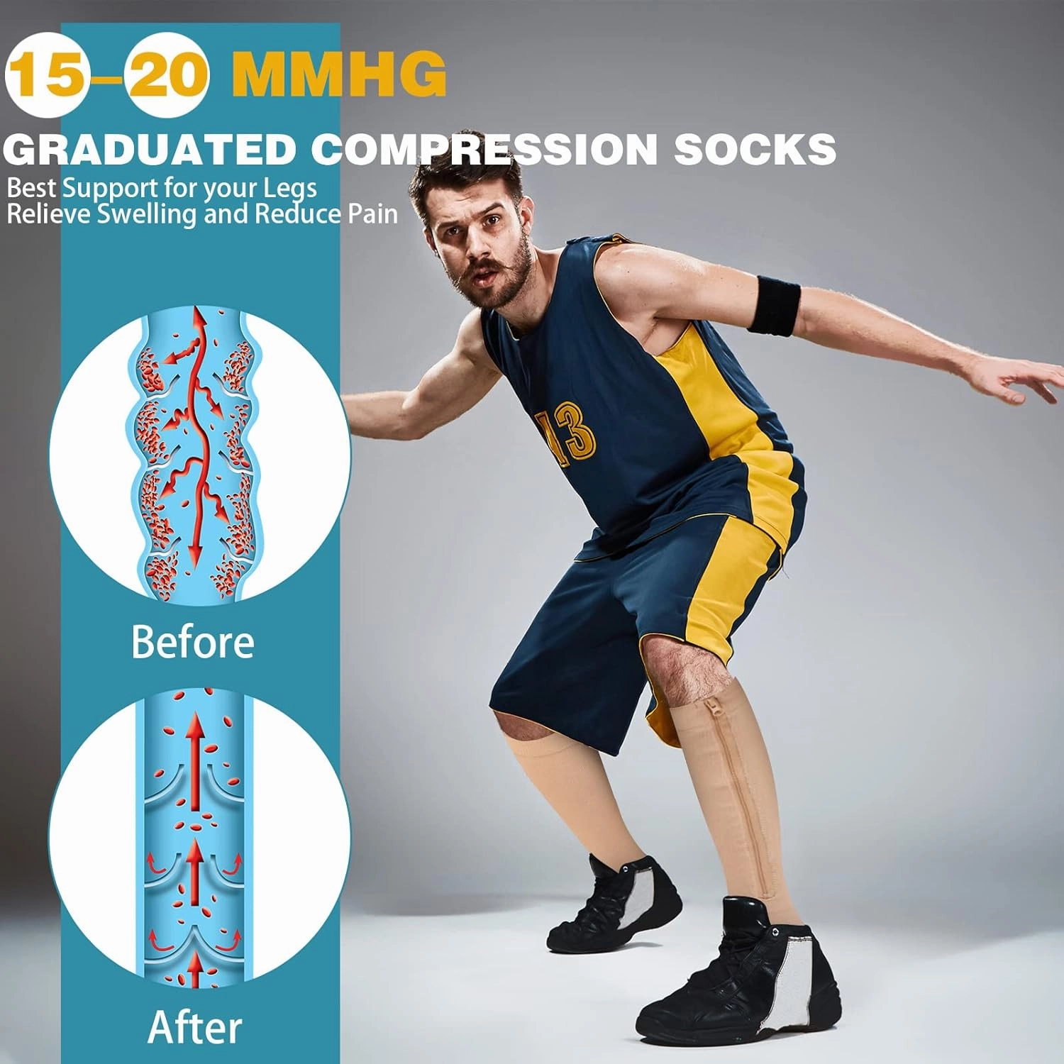 Hillban 2 Pair Plus Size Calf Zipper Compression Socks 15 to 25 Mmhg Open Toe Compression Stockings for Overweight Women Men