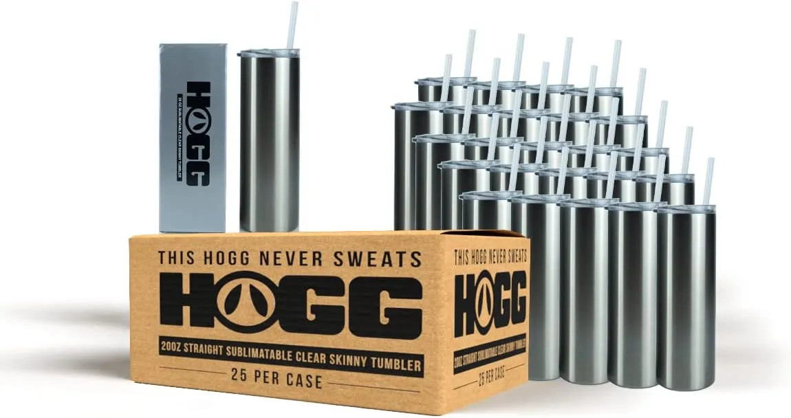 Hogg 20 oz Sublimation Tumblers Clear (24 Units) - Silver, Sublimation Blanks, Bulk Tumblers with Lids and Straws, 20oz Skinny, Blank Cups