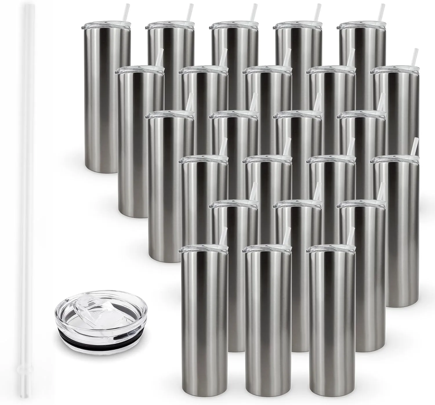 Hogg 20 oz Sublimation Tumblers Clear (24 Units) - Silver, Sublimation Blanks, Bulk Tumblers with Lids and Straws, 20oz Skinny, Blank Cups