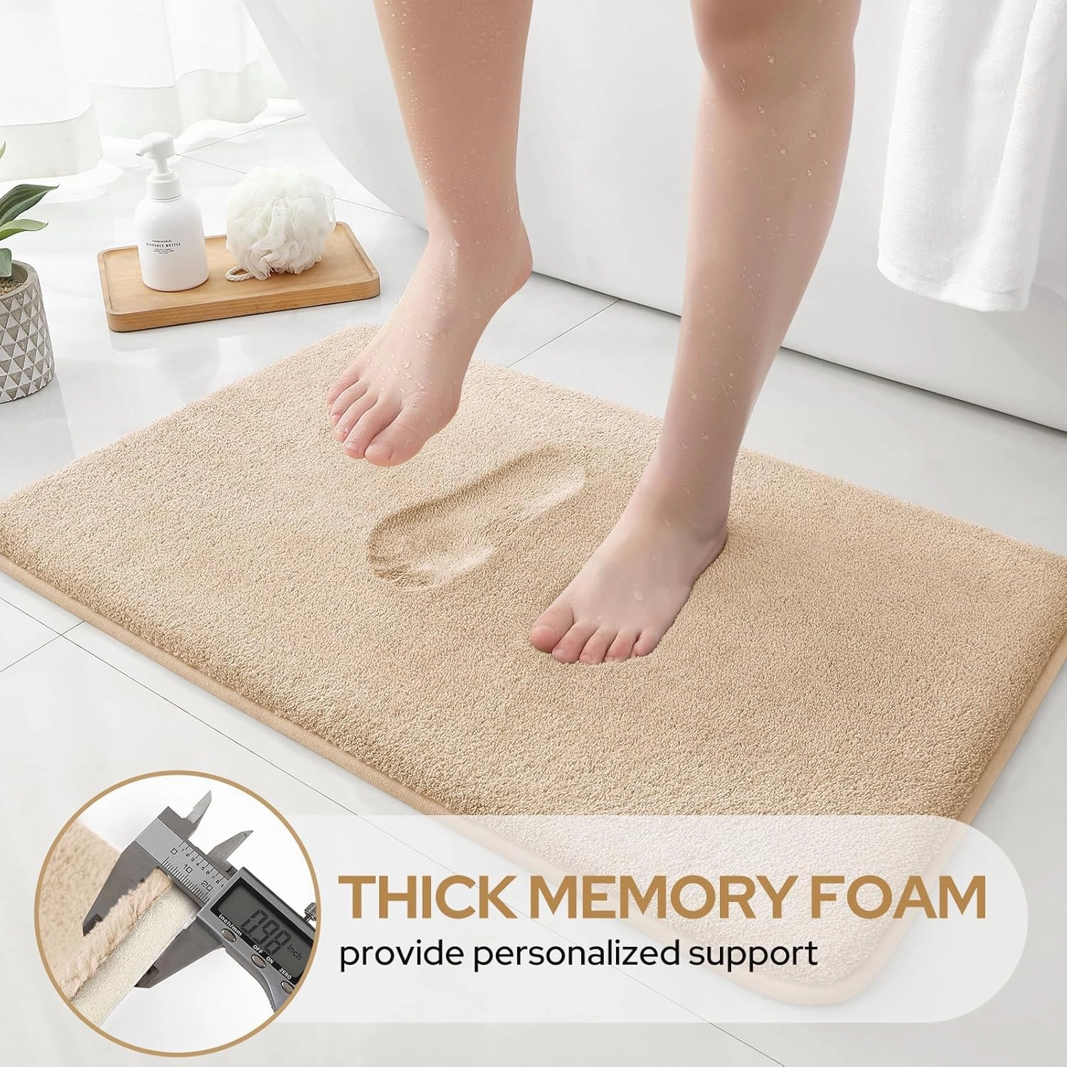 HOMEIDEAS Upgraded Bathroom Rugs Set 3 Piece, Extra Thick Absorbent Soft Memory Foam, Washable Toilet Bath Mat (Beige,17"x24" 20"x32" U Shape 20"x24")