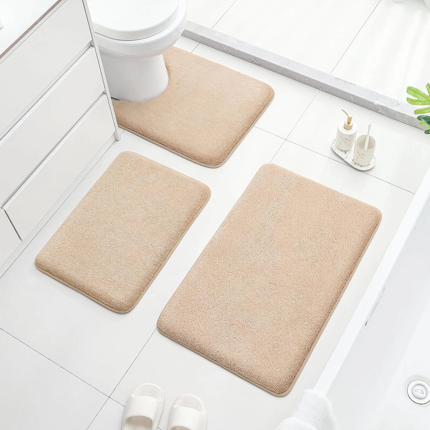 HOMEIDEAS Upgraded Bathroom Rugs Set 3 Piece, Extra Thick Absorbent Soft Memory Foam, Washable Toilet Bath Mat (Beige,17"x24" 20"x32" U Shape 20"x24")