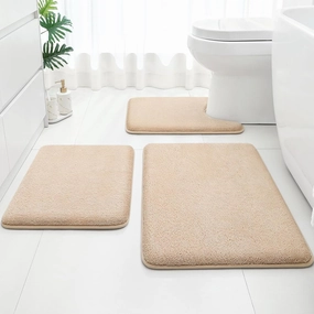 HOMEIDEAS Upgraded Bathroom Rugs Set 3 Piece, Extra Thick Absorbent Soft Memory Foam, Washable Toilet Bath Mat (Beige,17"x24" 20"x32" U Shape 20"x24")