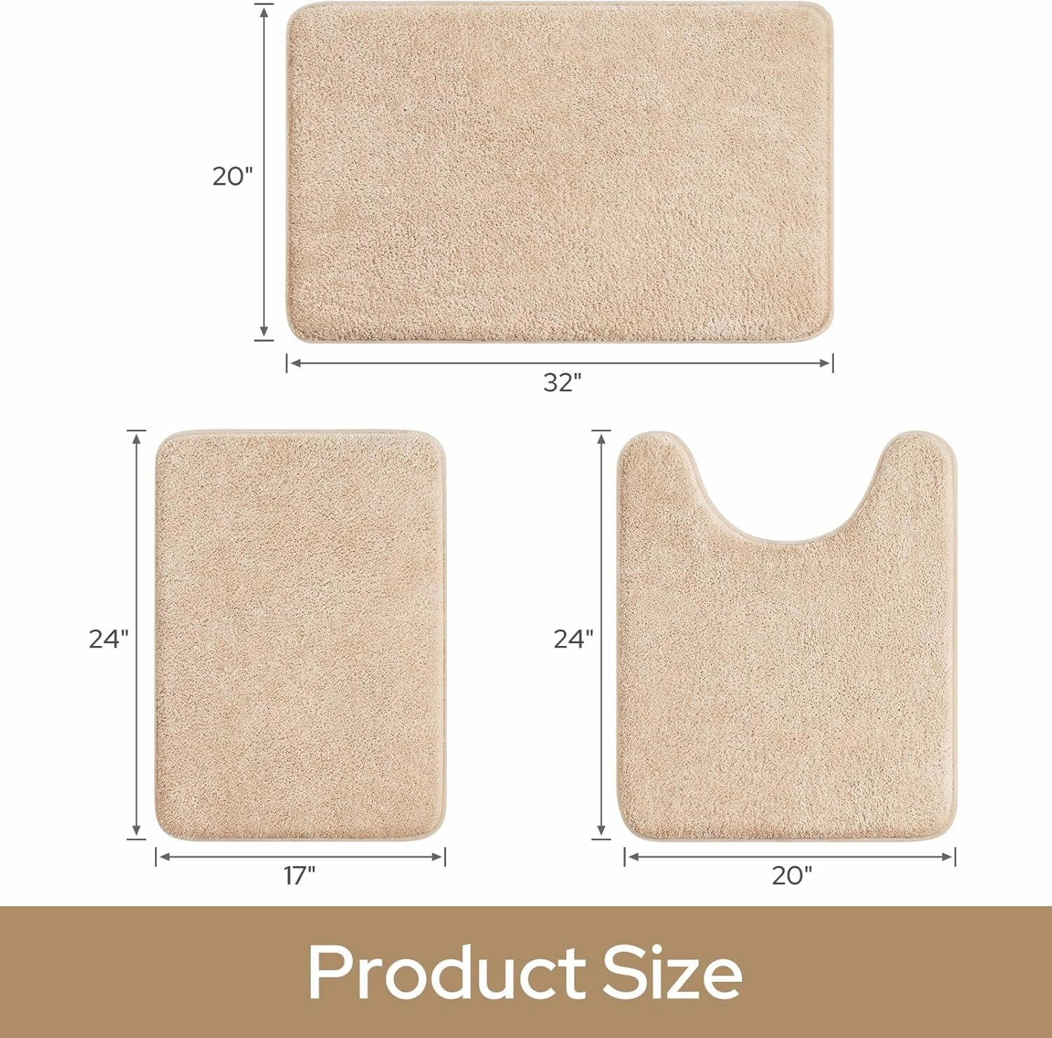 HOMEIDEAS Upgraded Bathroom Rugs Set 3 Piece, Extra Thick Absorbent Soft Memory Foam, Washable Toilet Bath Mat (Beige,17"x24" 20"x32" U Shape 20"x24")