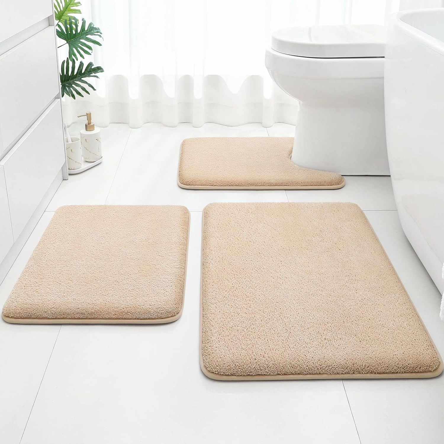HOMEIDEAS Upgraded Bathroom Rugs Set 3 Piece, Extra Thick Absorbent Soft Memory Foam, Washable Toilet Bath Mat (Beige,17"x24" 20"x32" U Shape 20"x24")