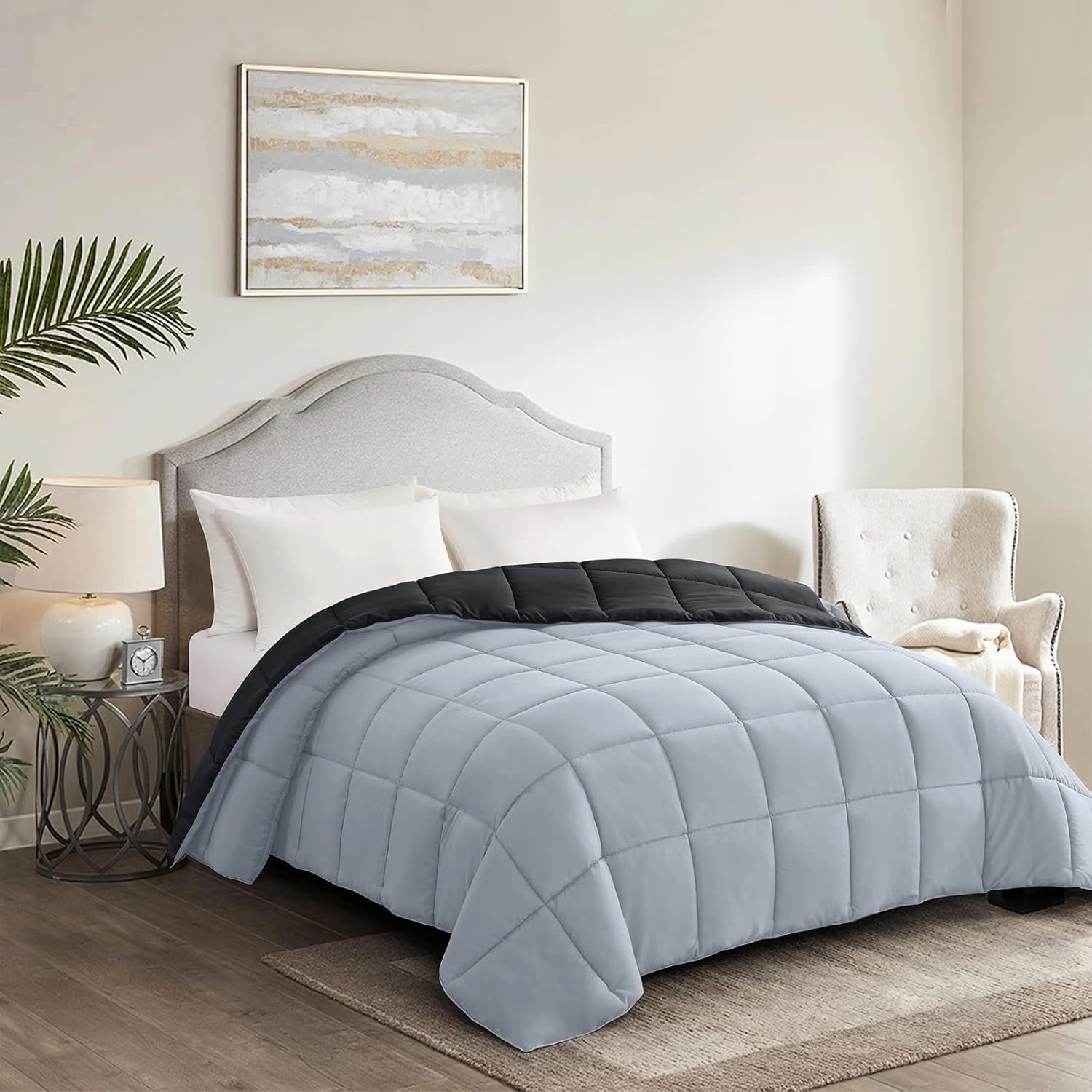 Homelike Moment Comforters Queen Size - Black Duvet Insert Down Alternative Bed Queen Comforter, Lightweight Bedding Comforters Full Size Quilted Soft All Season Reversible Black/Light Grey