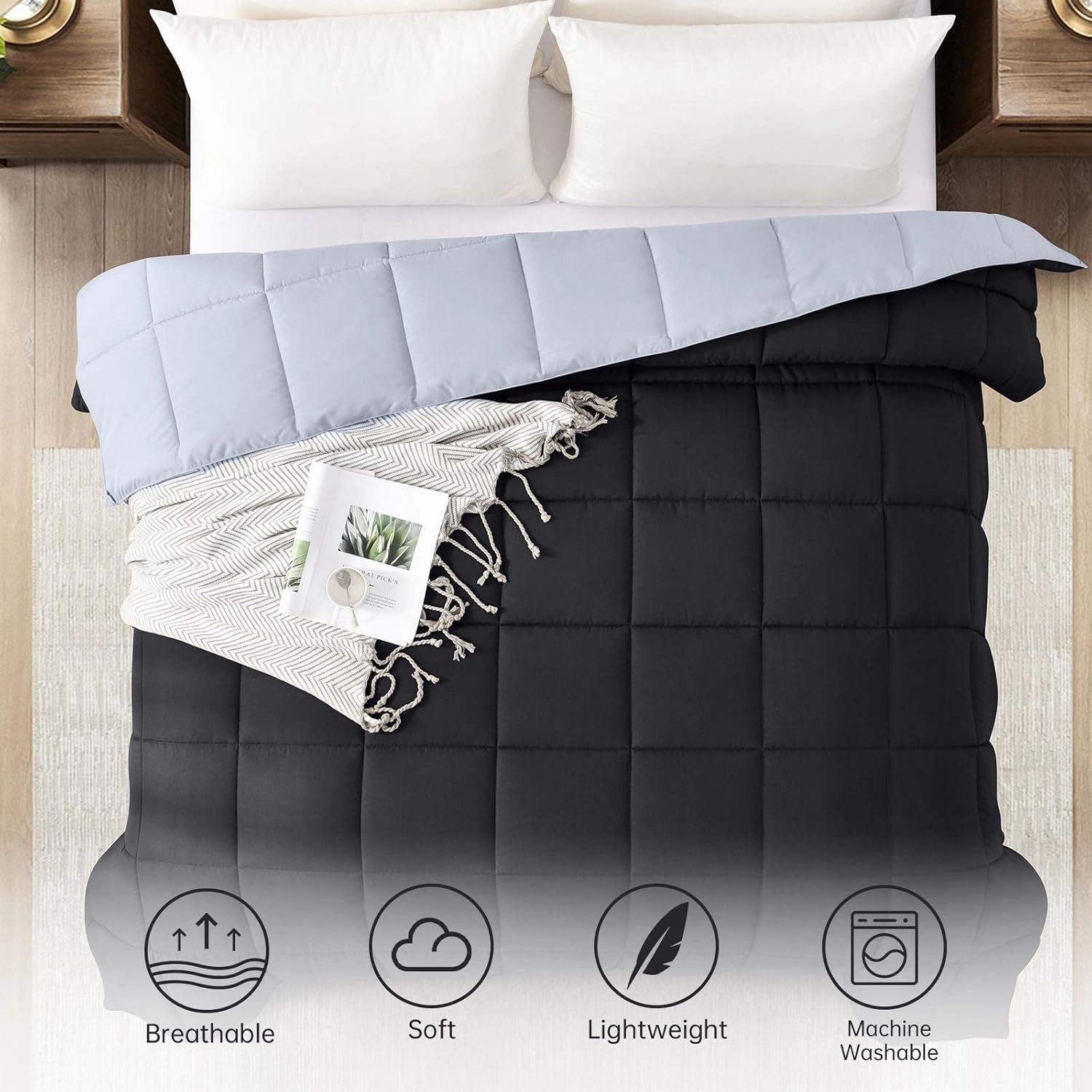 Homelike Moment Comforters Queen Size - Black Duvet Insert Down Alternative Bed Queen Comforter, Lightweight Bedding Comforters Full Size Quilted Soft All Season Reversible Black/Light Grey
