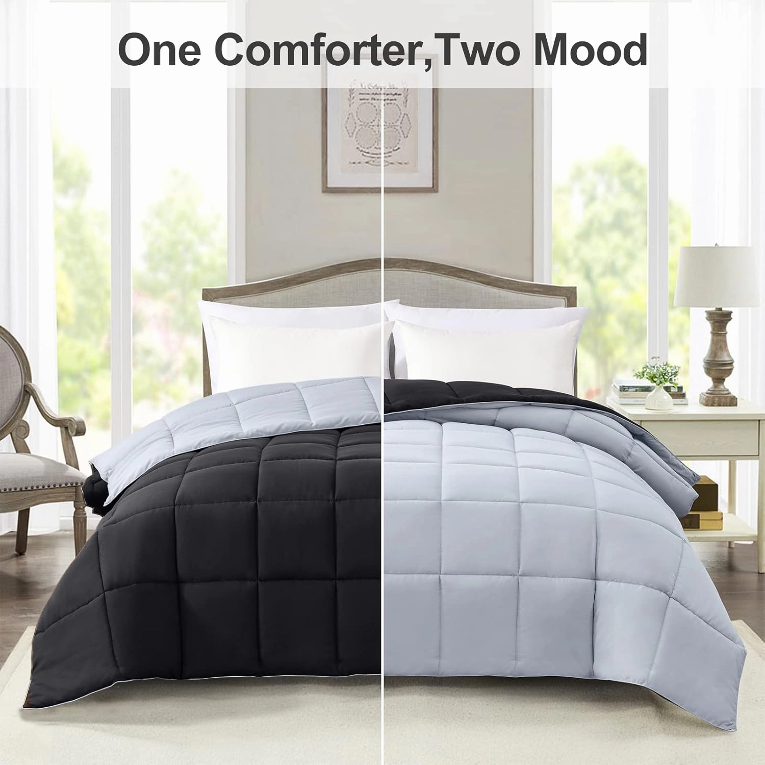 Homelike Moment Comforters Queen Size - Black Duvet Insert Down Alternative Bed Queen Comforter, Lightweight Bedding Comforters Full Size Quilted Soft All Season Reversible Black/Light Grey