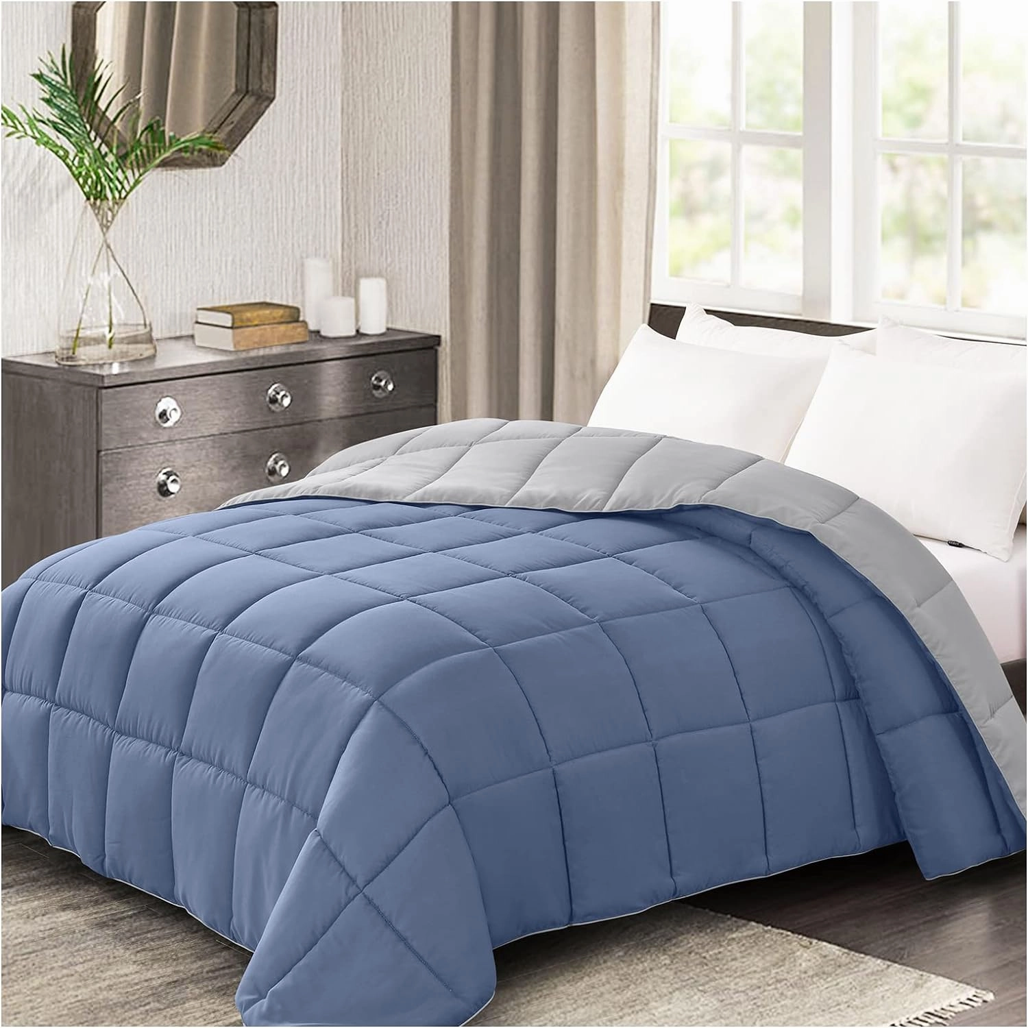 Homelike Moment Comforters Queen Size - Blue Duvet Insert Down Alternative Bed Queen Comforter, Lightweight Bedding Comforters Full Size Quilted Soft All Season Reversible Blue/Grey