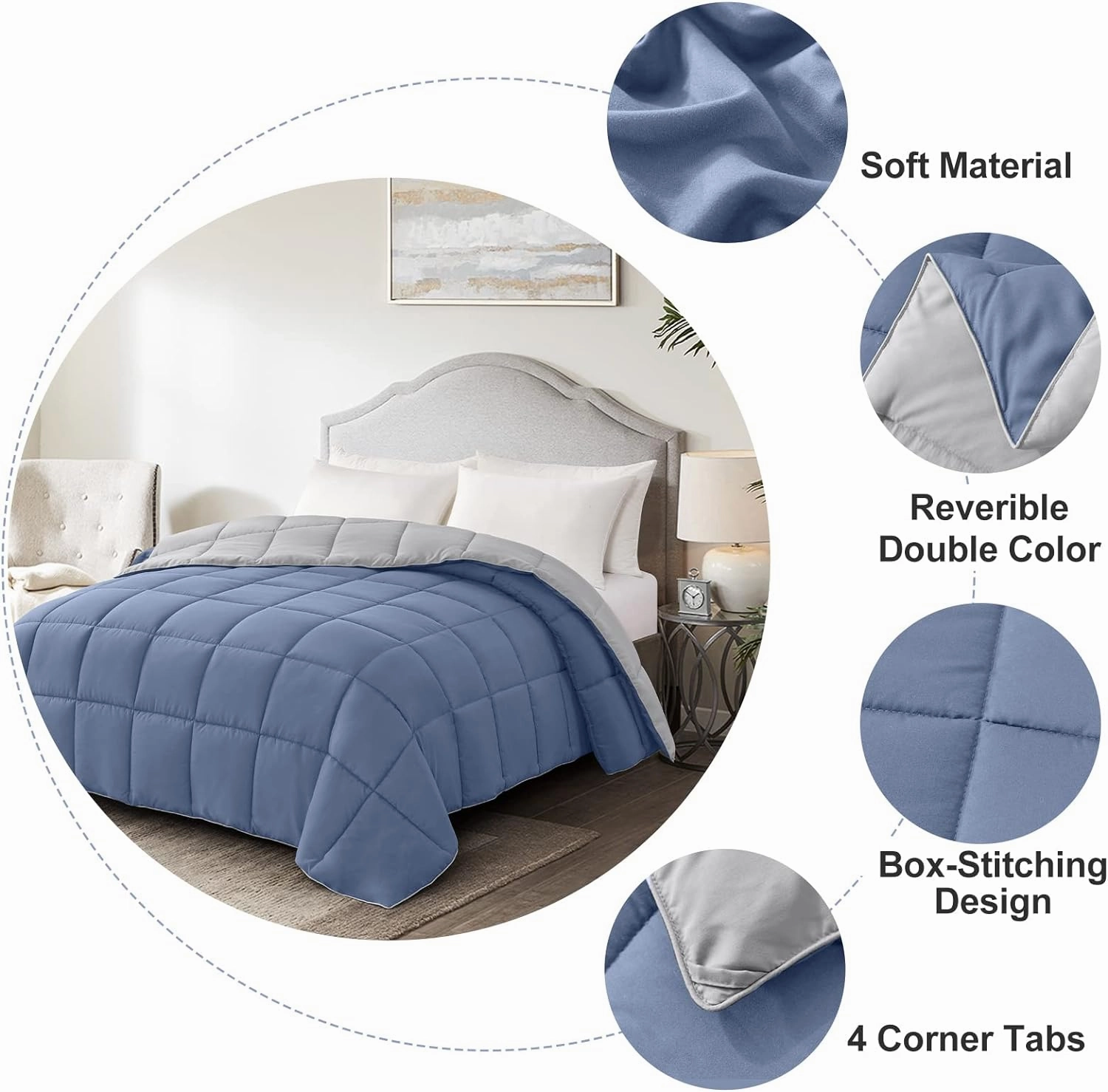 Homelike Moment Comforters Queen Size - Blue Duvet Insert Down Alternative Bed Queen Comforter, Lightweight Bedding Comforters Full Size Quilted Soft All Season Reversible Blue/Grey