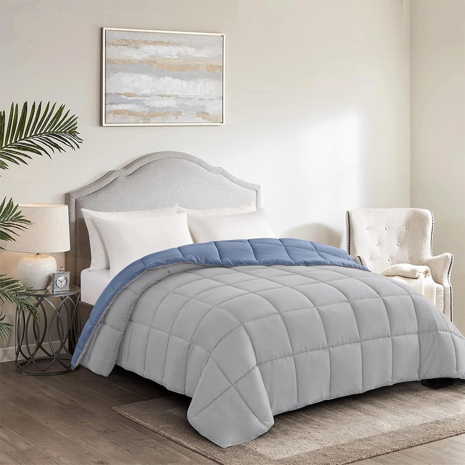 Homelike Moment Comforters Queen Size - Blue Duvet Insert Down Alternative Bed Queen Comforter, Lightweight Bedding Comforters Full Size Quilted Soft All Season Reversible Blue/Grey