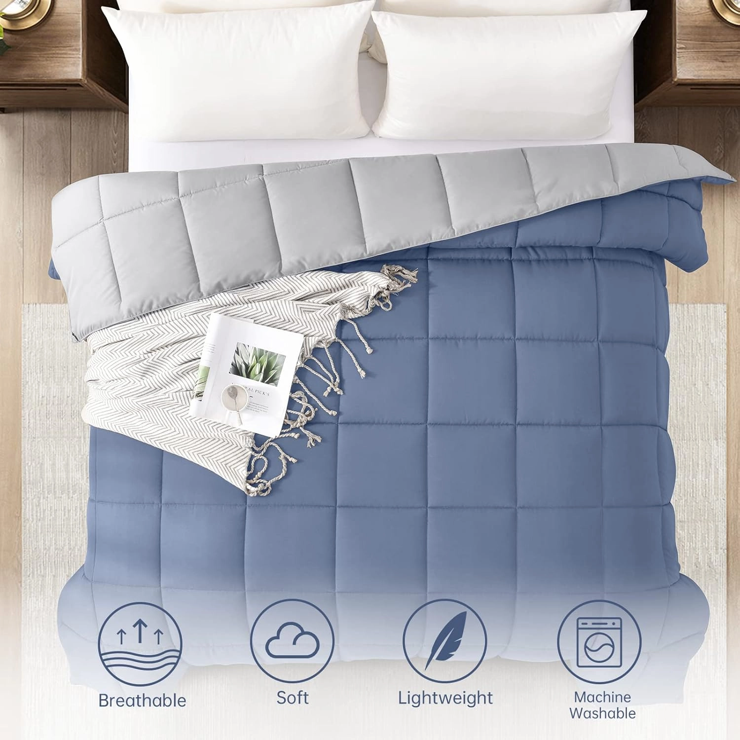 Homelike Moment Comforters Queen Size - Blue Duvet Insert Down Alternative Bed Queen Comforter, Lightweight Bedding Comforters Full Size Quilted Soft All Season Reversible Blue/Grey