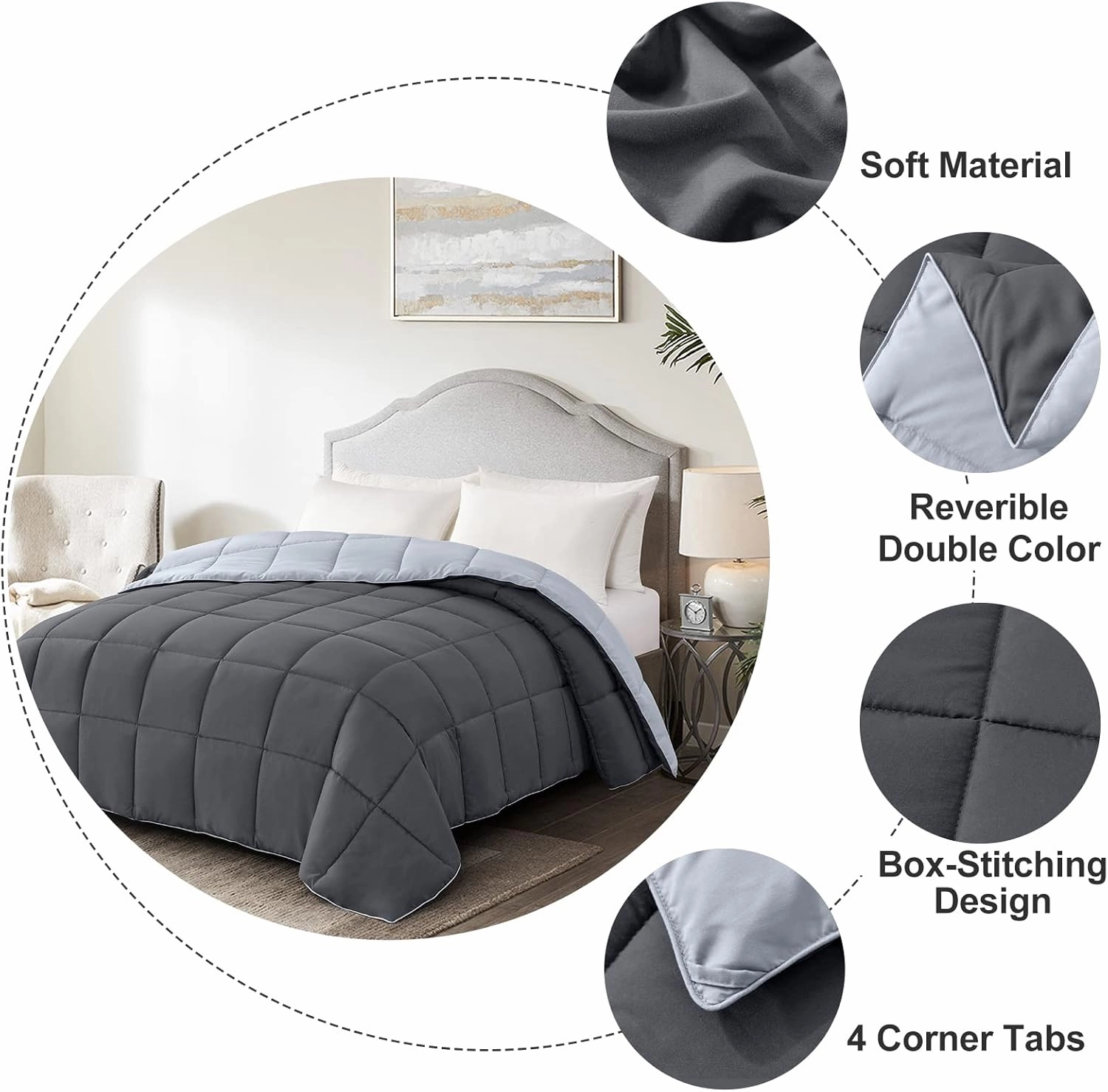 Homelike Moment Comforters Queen Size - Grey Duvet Insert Down Alternative Bed Queen Comforter, Lightweight Bedding Comforters Full Size Quilted Soft All Season Reversible Dark Gray/Light Grey