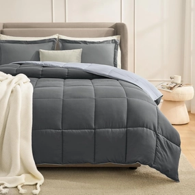 Homelike Moment Queen Comforter Set Grey, Comforters Queen Size Set, Soft Lightweight Down Alternative Bed Comforter Full Size Reversible All Season 3 Pieces Bedding Sets Grey/Light Gray