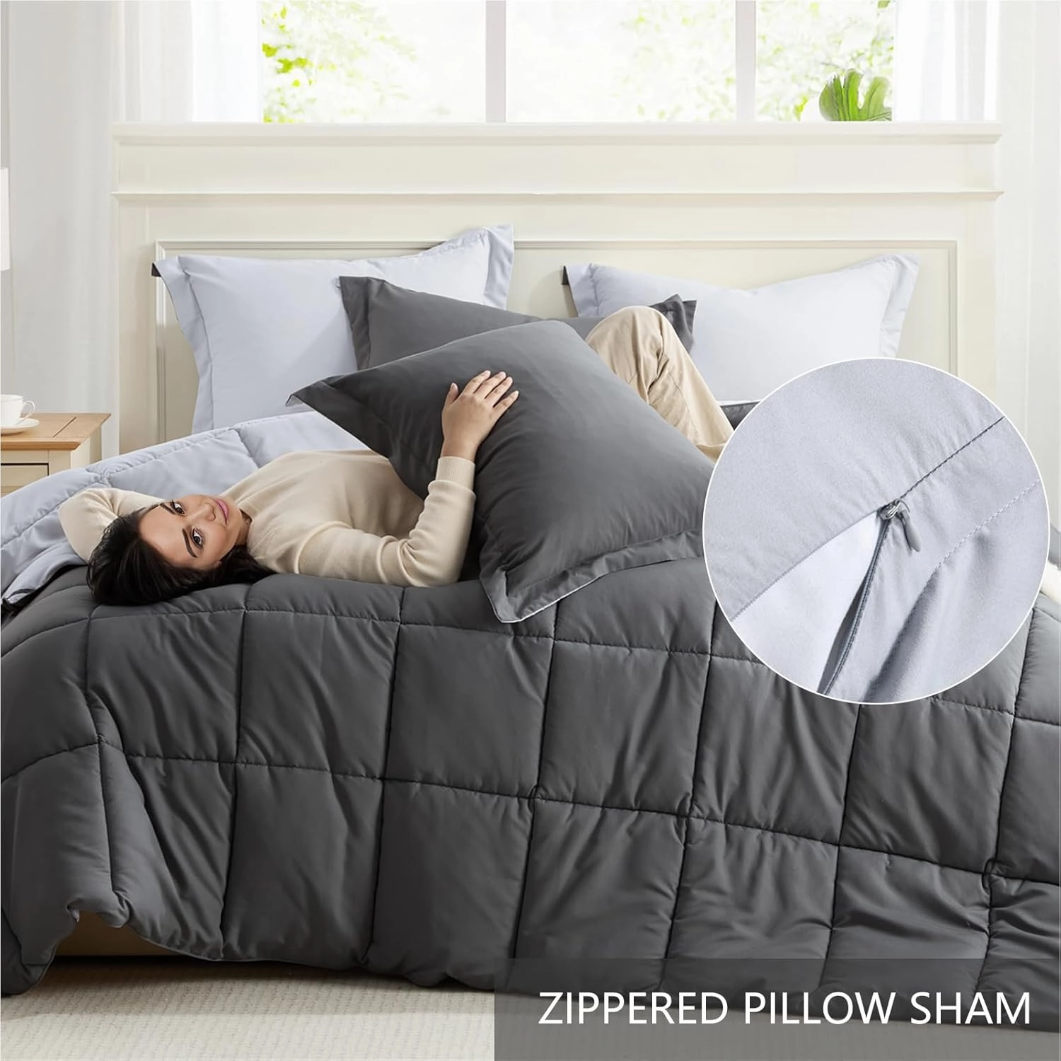 Homelike Moment Queen Comforter Set Grey, Comforters Queen Size Set, Soft Lightweight Down Alternative Bed Comforter Full Size Reversible All Season 3 Pieces Bedding Sets Grey/Light Gray