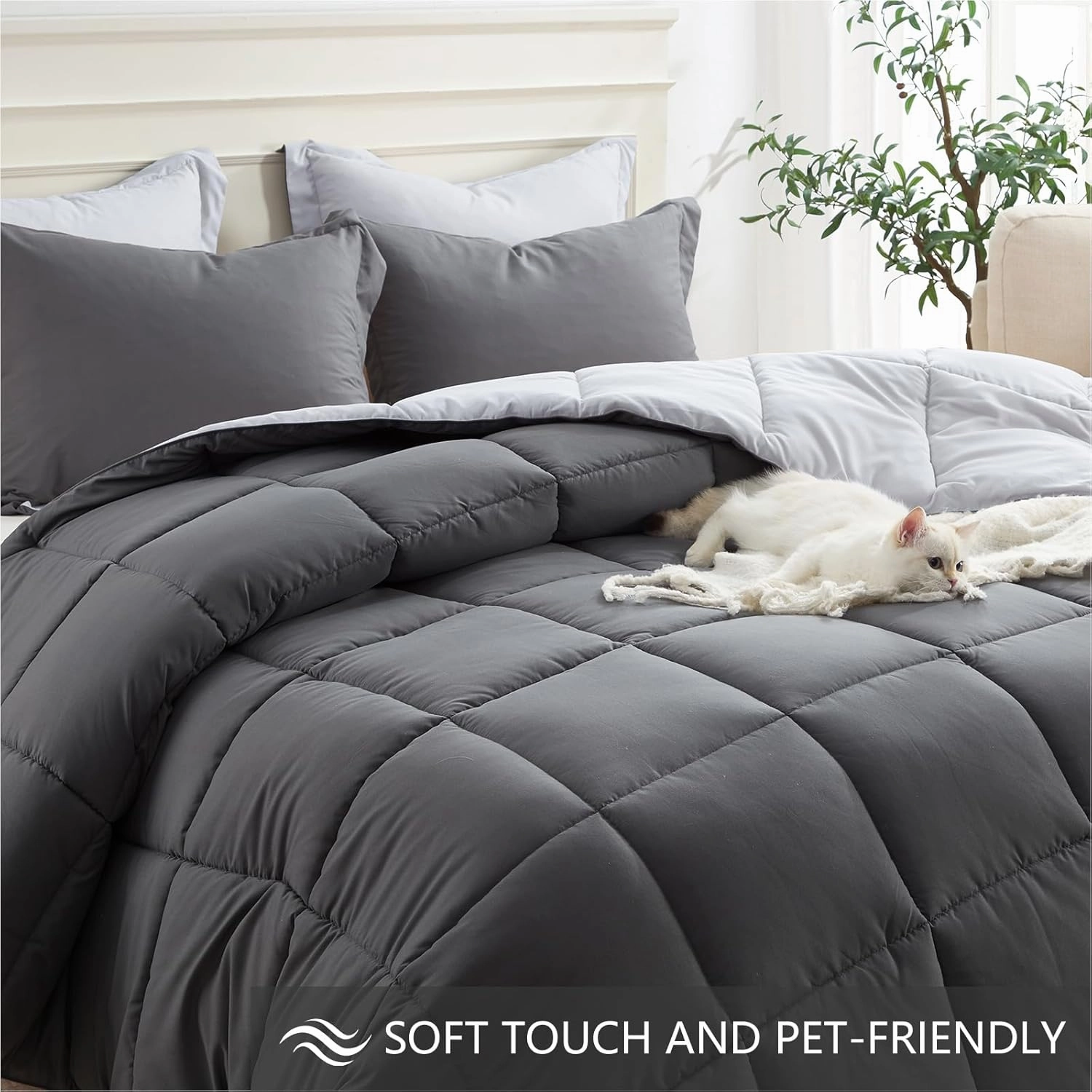 Homelike Moment Queen Comforter Set Grey, Comforters Queen Size Set, Soft Lightweight Down Alternative Bed Comforter Full Size Reversible All Season 3 Pieces Bedding Sets Grey/Light Gray