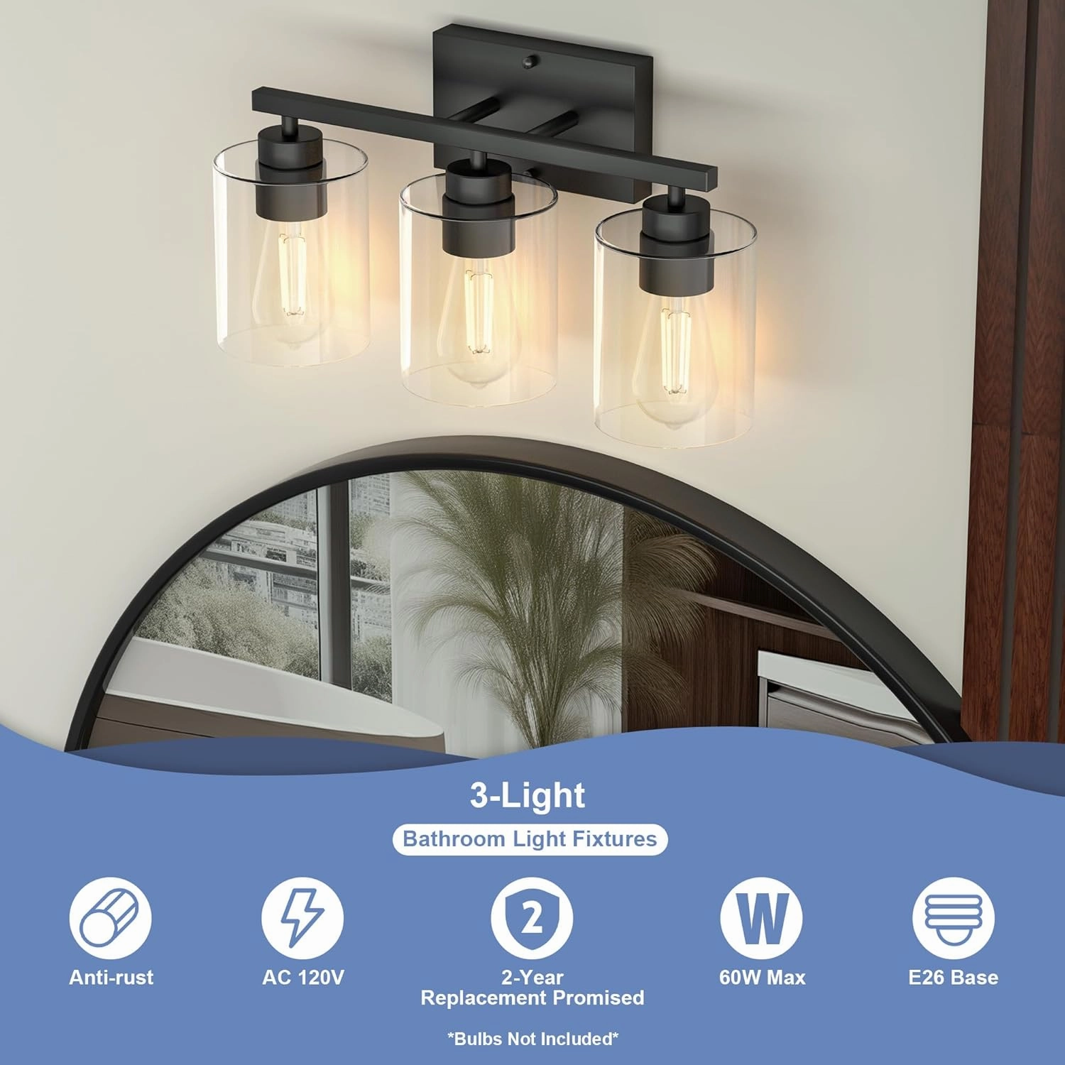 Honesorn Bathroom Vanity Light, 3 Light Fixtures, Matte Black With Clear Glass Shade, Modern Over Mirror, E26 Base