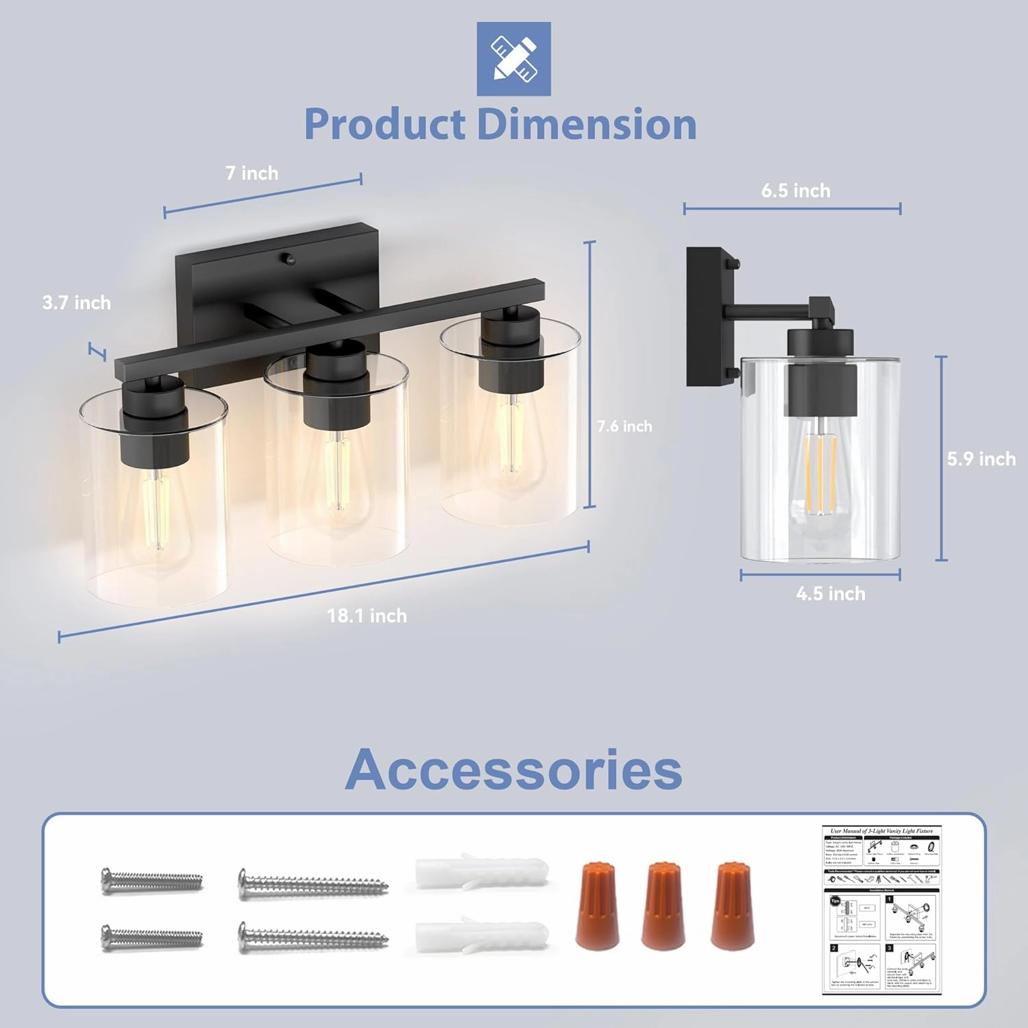 Honesorn Bathroom Vanity Light, 3 Light Fixtures, Matte Black With Clear Glass Shade, Modern Over Mirror, E26 Base