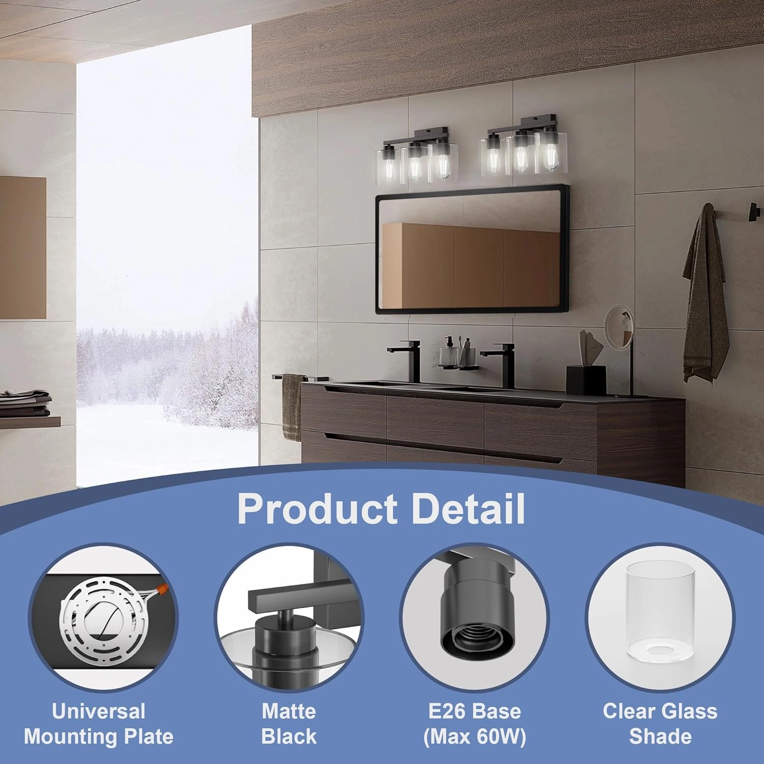 Honesorn Bathroom Vanity Light, 3 Light Fixtures, Matte Black With Clear Glass Shade, Modern Over Mirror, E26 Base