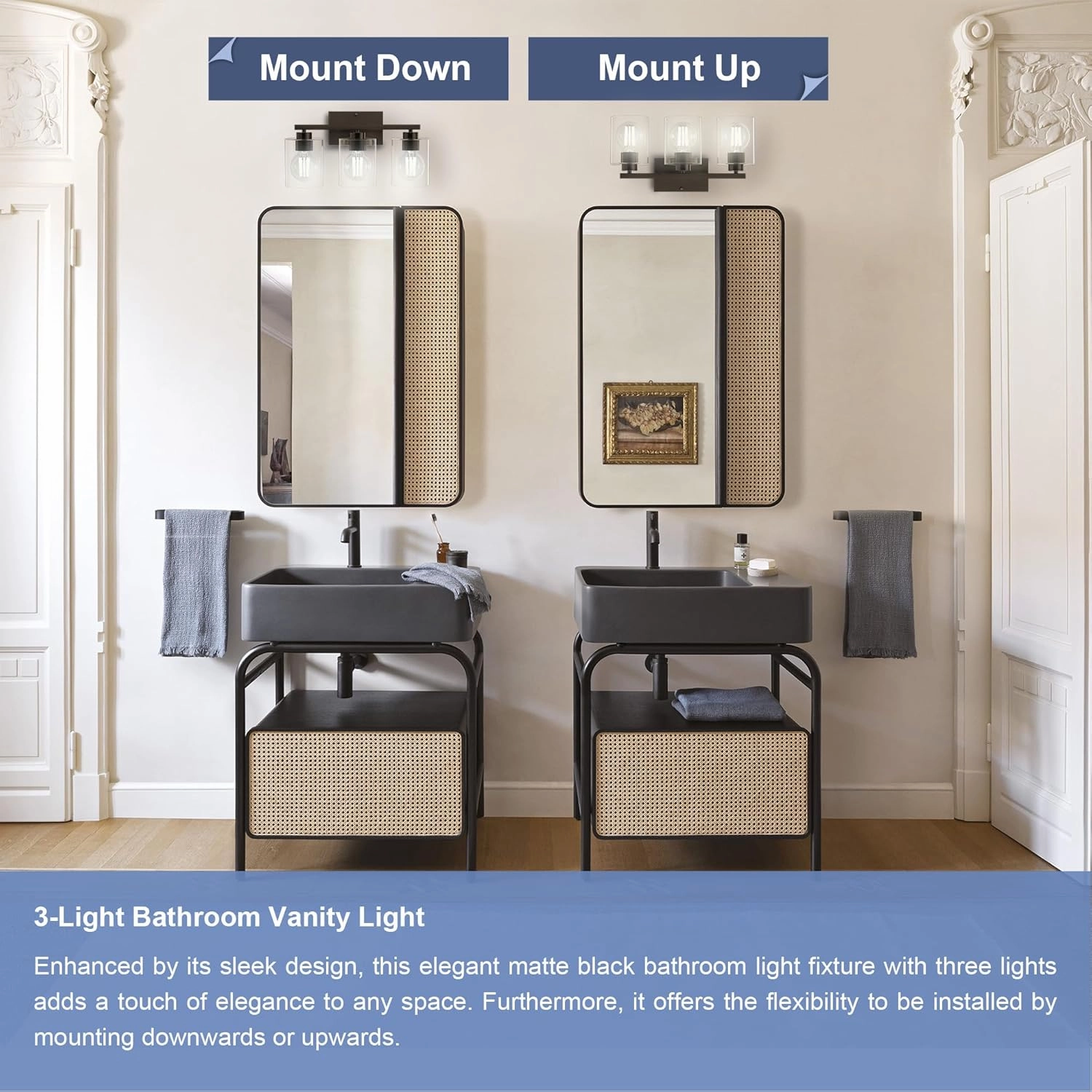 Honesorn Bathroom Vanity Light, 3 Light Fixtures, Matte Black With Clear Glass Shade, Modern Over Mirror, E26 Base
