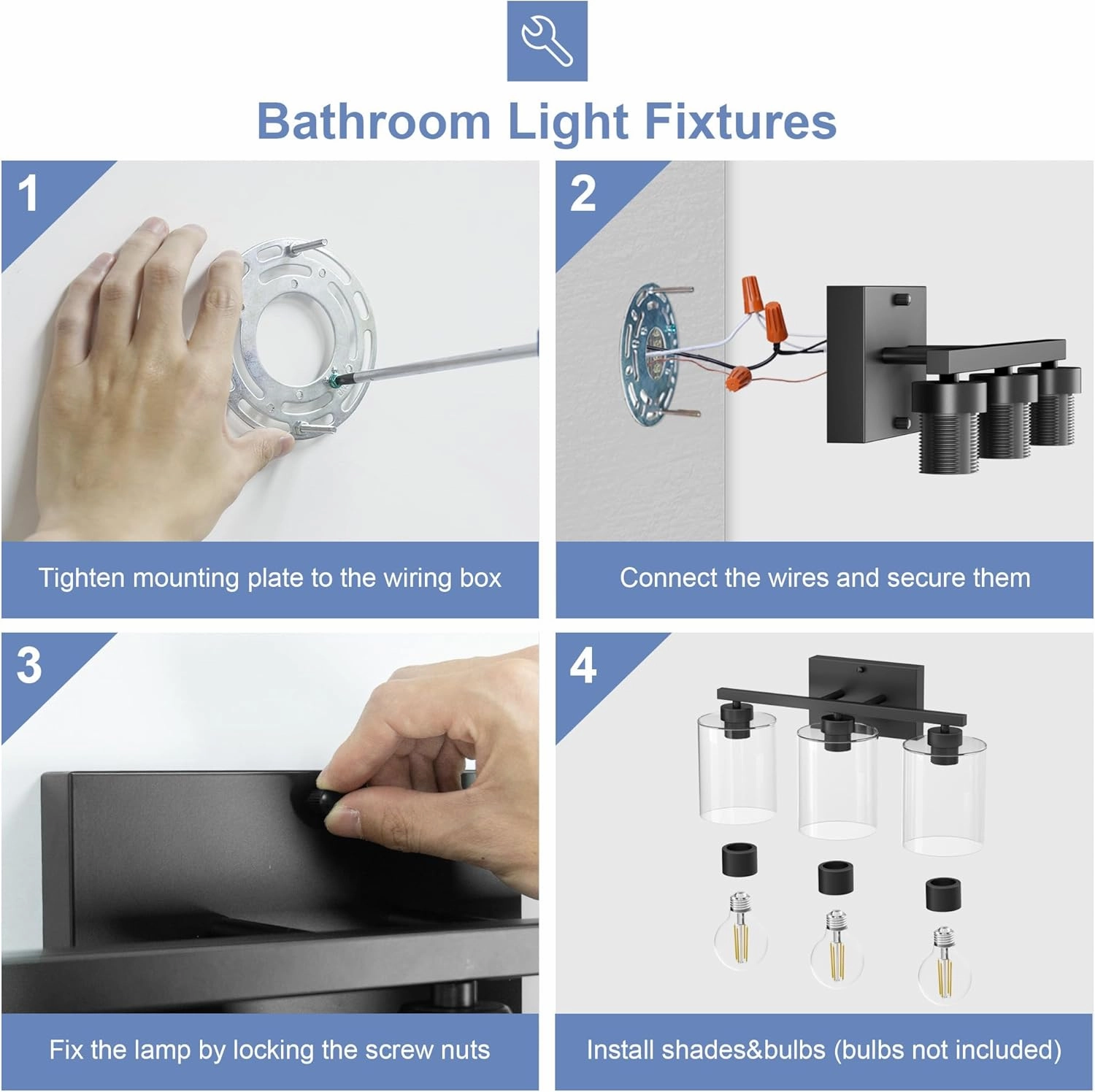 Honesorn Bathroom Vanity Light, 3 Light Fixtures, Matte Black With Clear Glass Shade, Modern Over Mirror, E26 Base