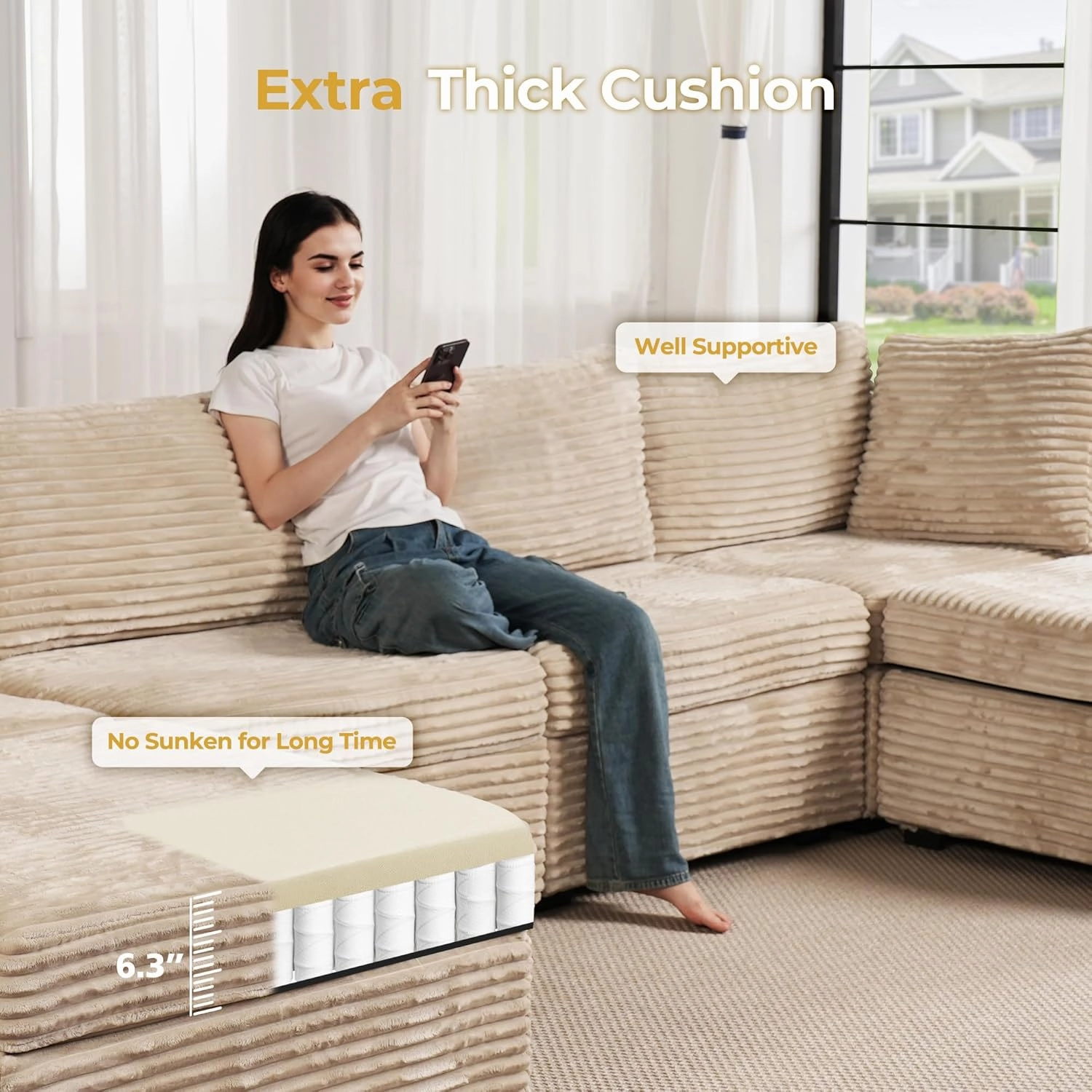 HOOOWOOO Modular Sectional Sofa,8 Pieces Sectional Couches for Living Room,131X98 L Shaped Cloud Couch with Ottoman Chaise Set(Beige Velvet Corduroy)