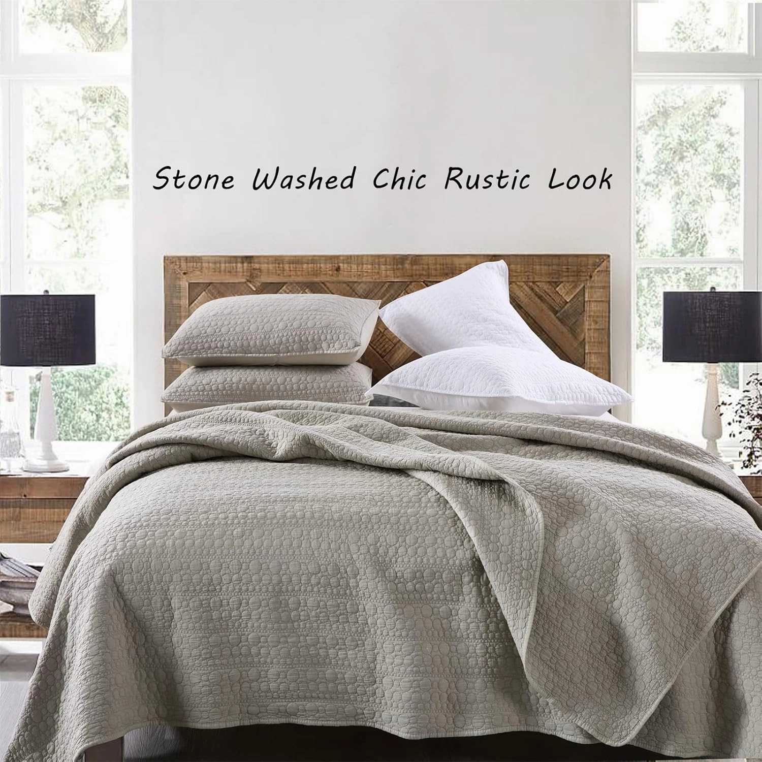 HORIMOTE HOME Quilt Set King Size Beige, Classic Geometric Spots Stitched Pattern, Stone-Washed Microfiber Chic Rustic Look, Ultra Soft Lightweight Quilted Bedspread for All Season, 3 Pieces