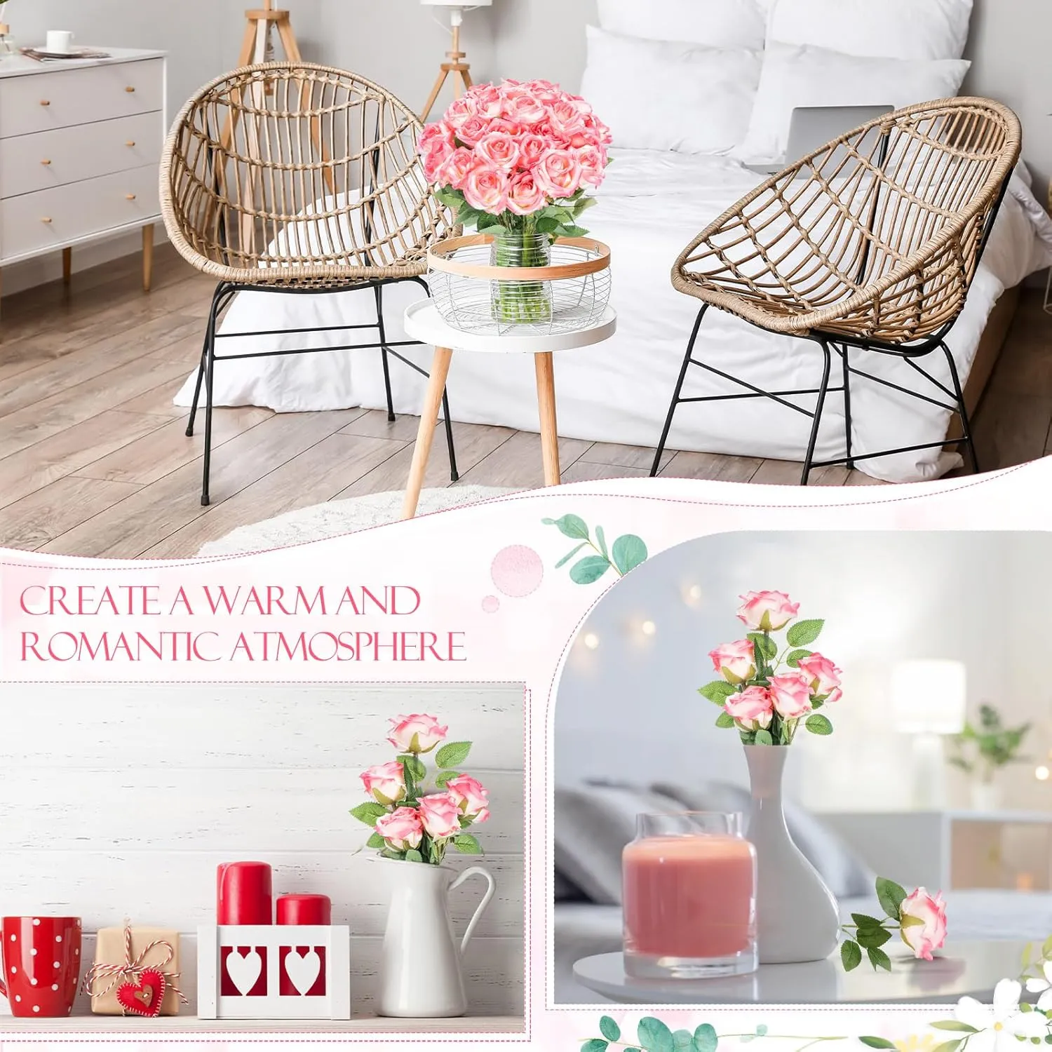 Hotop 80 Pcs Artificial Rose Flowers Bulk with Long Stem Fake Roses Silk Realistic Bouquet for DIY Wedding Bridal Shower Party Table Centerpieces Home Decorations(Gradient Pink)