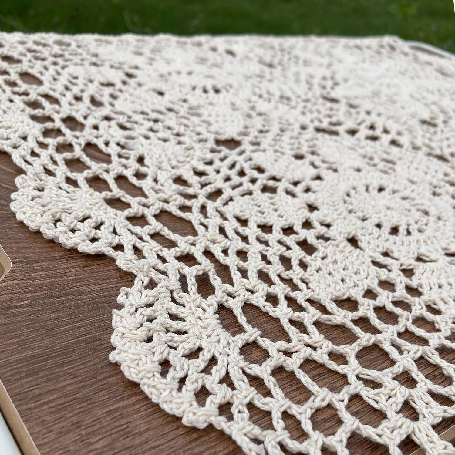 Hsvanyr 47inches Beige Coffee Table Cover Handmade Crochet Table Cloth Doilies Dining Room Mats, for Farmhouse Kitchen Dining Restaurant Home Tabletop Decor