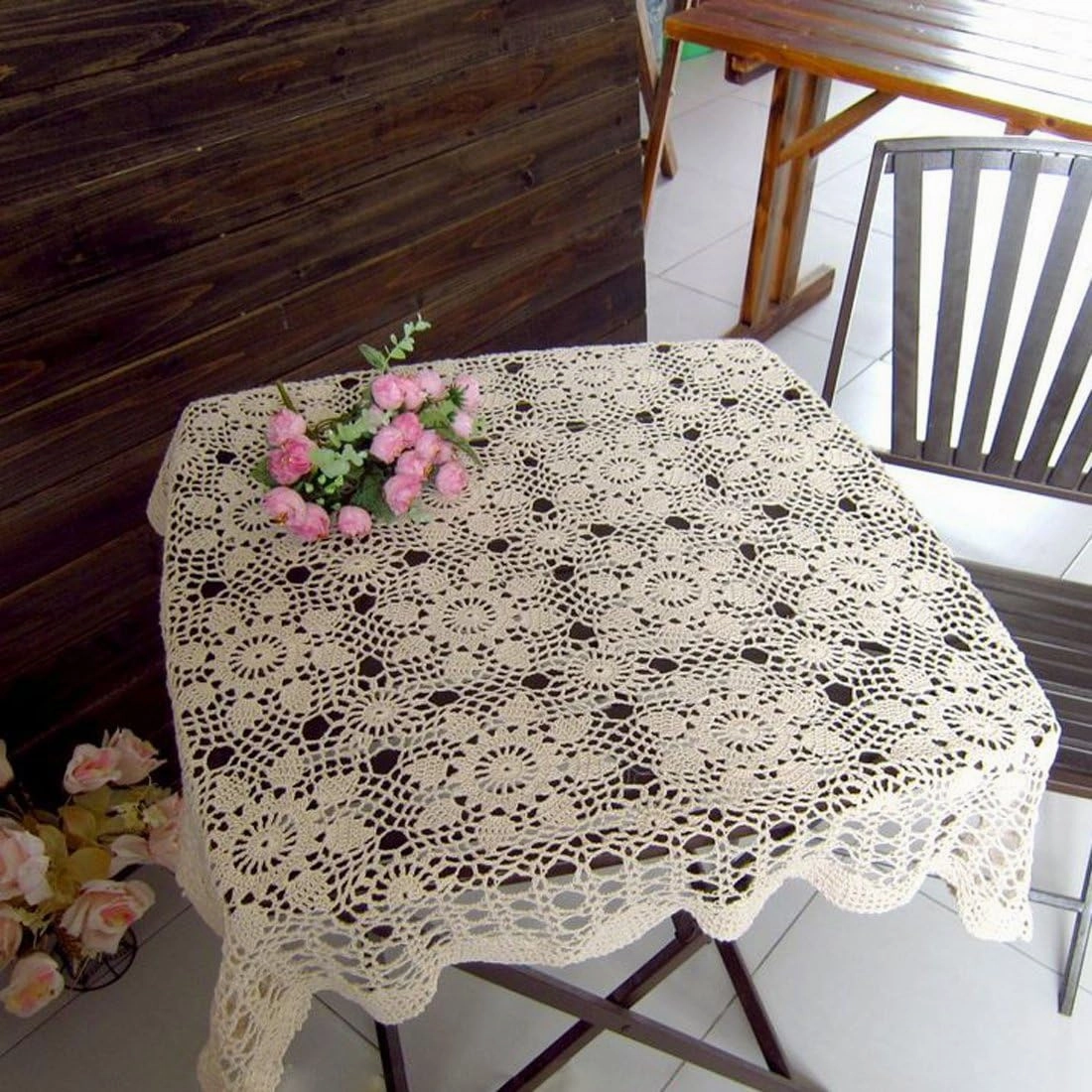 Hsvanyr 47inches Beige Coffee Table Cover Handmade Crochet Table Cloth Doilies Dining Room Mats, for Farmhouse Kitchen Dining Restaurant Home Tabletop Decor