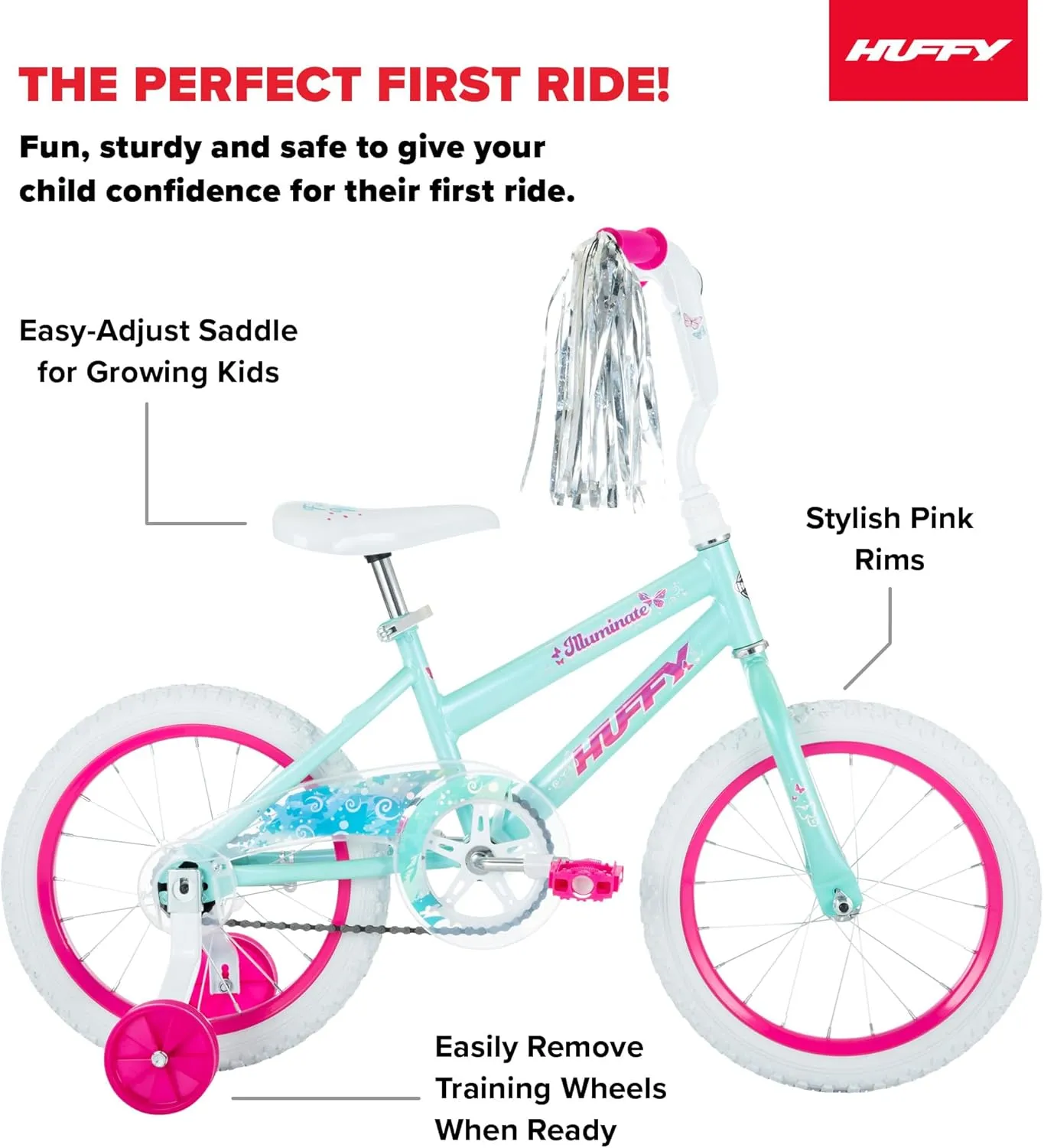 Huffy Illuminate Bike for Girls, 12/16/20 Inch Size Options, Ages 3  Years Old, Removable Training Wheels (12" and 16" Only), Multiple Color Options, Easy Assembly, Streamers, Adjustable Seat, Durable